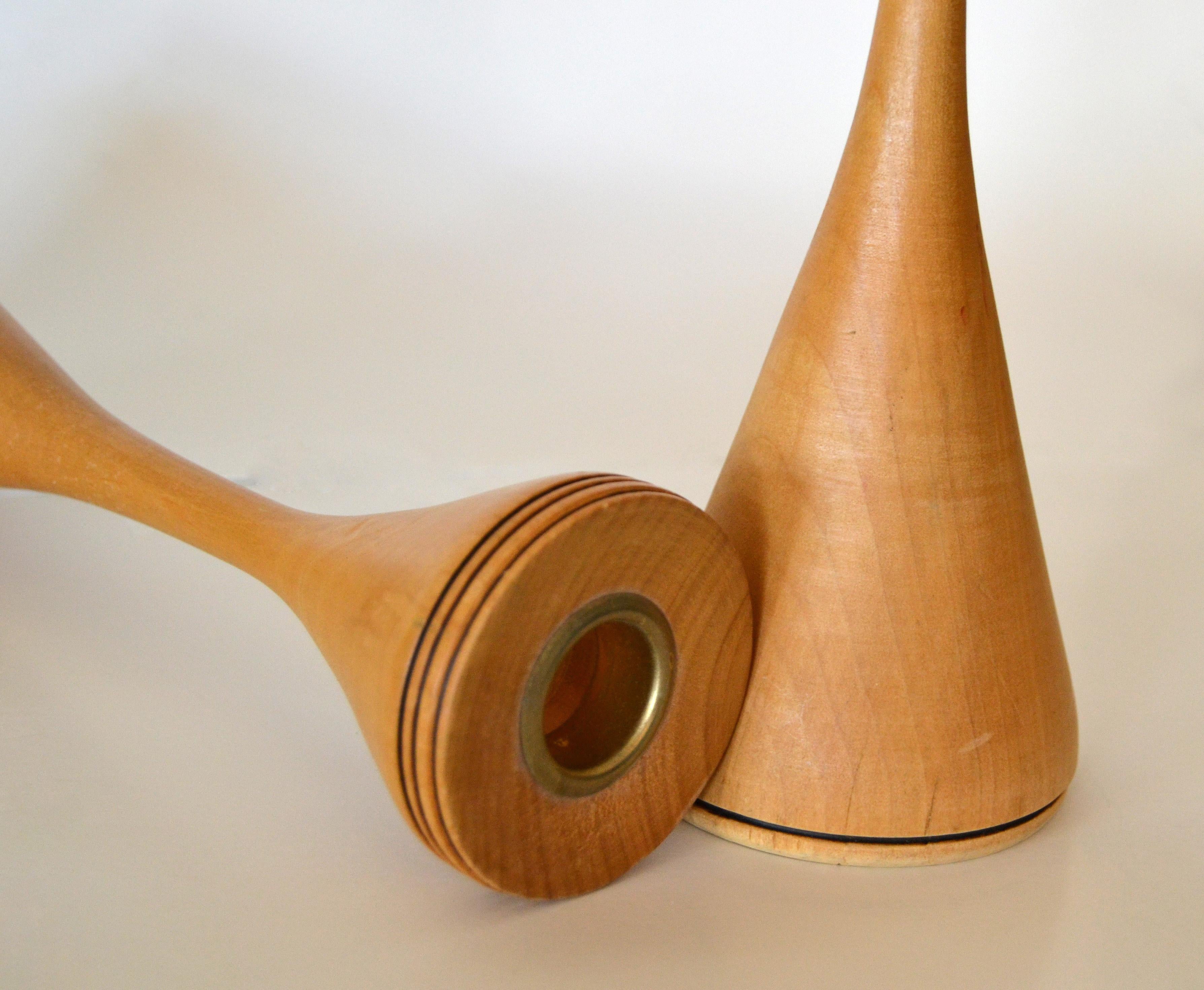 Signed Scandinavian Modern Handcrafted Turned Wood and Brass Candleholders, Pair For Sale 2