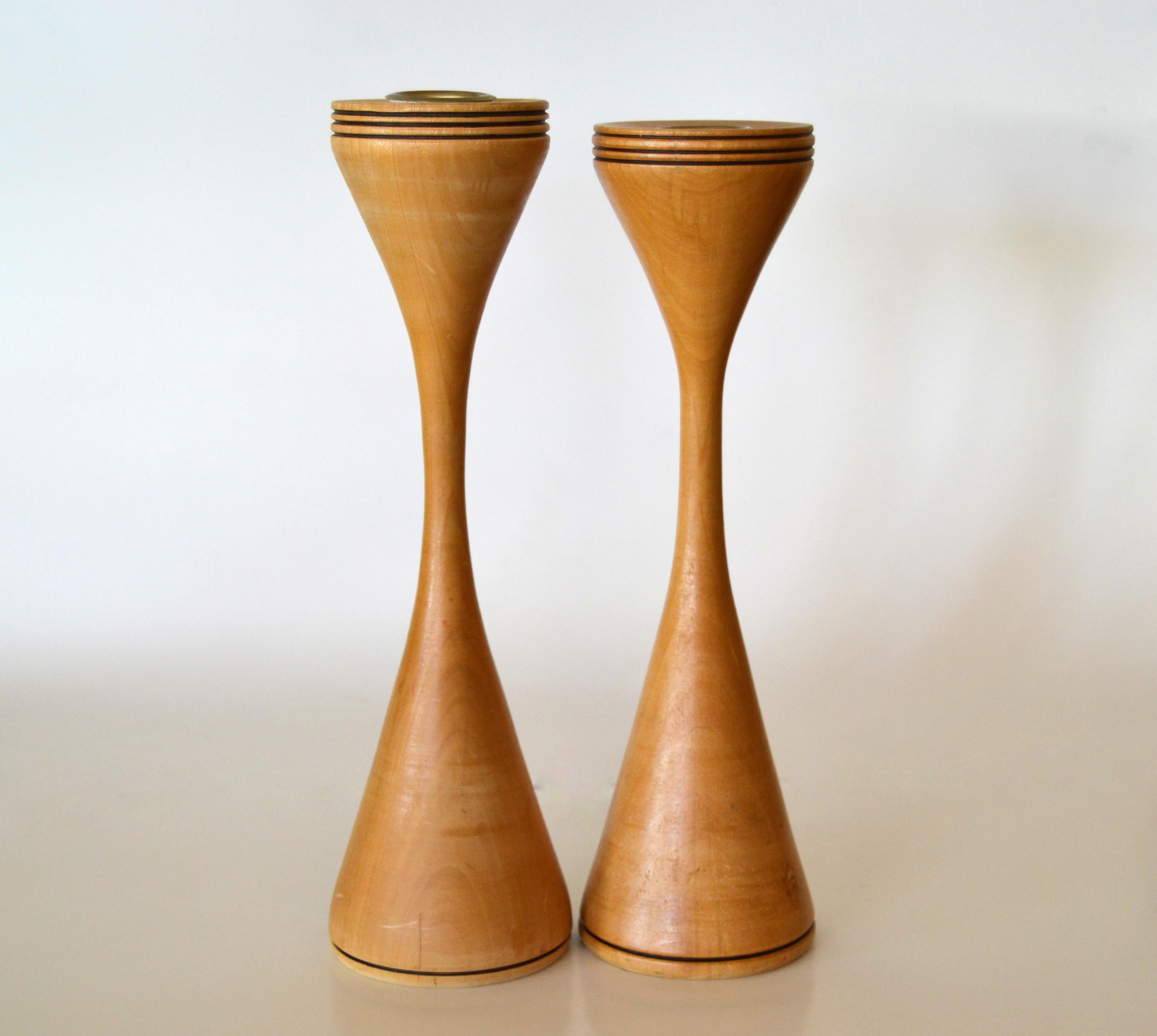 Signed Scandinavian Modern Handcrafted Turned Wood and Brass Candleholders, Pair For Sale 3