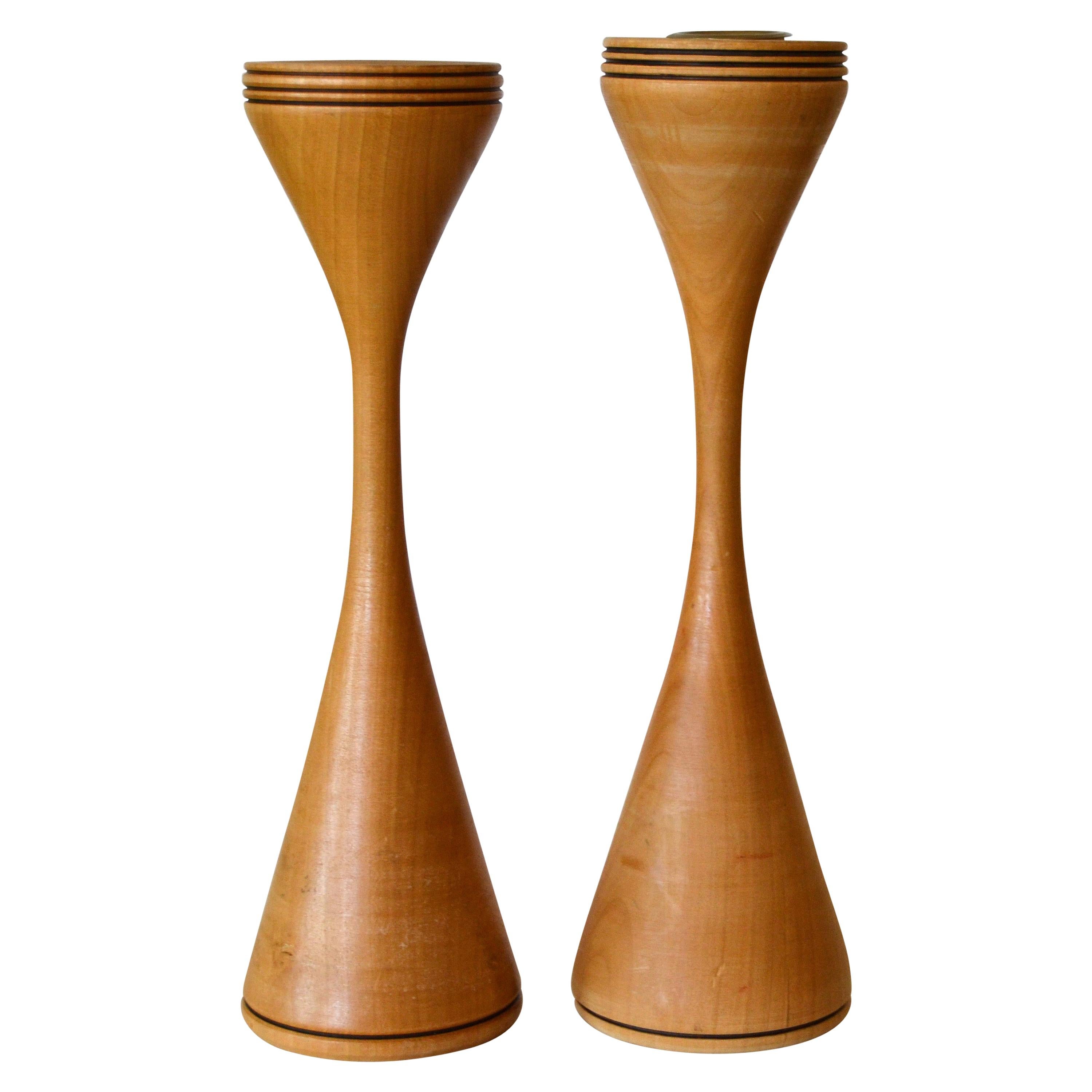 Signed Scandinavian Modern Handcrafted Turned Wood and Brass Candleholders, Pair For Sale