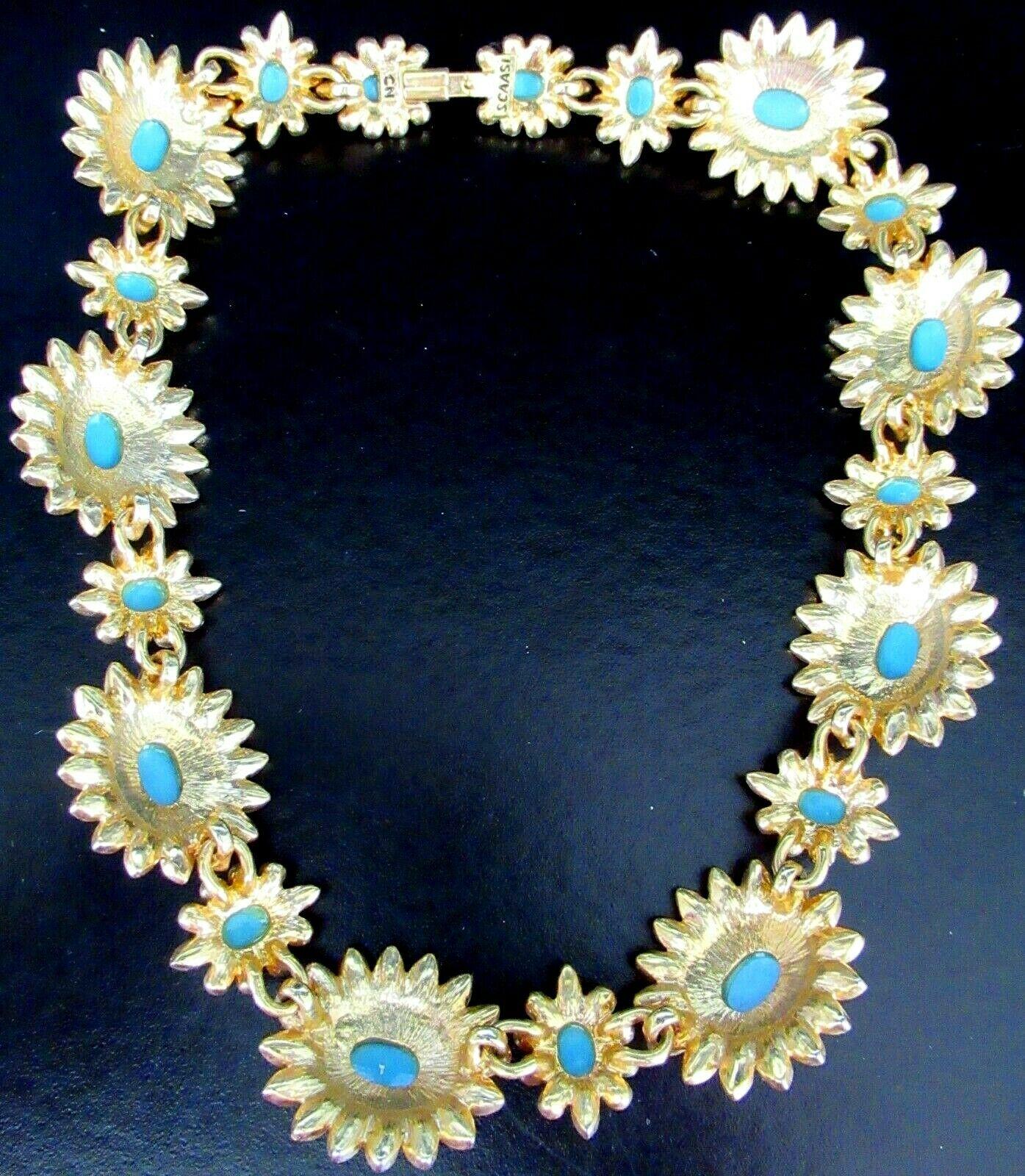 Mixed Cut Signed SCASSI Designer Faux Turquoise Sparkling Ice Crystal Floral Link Necklace