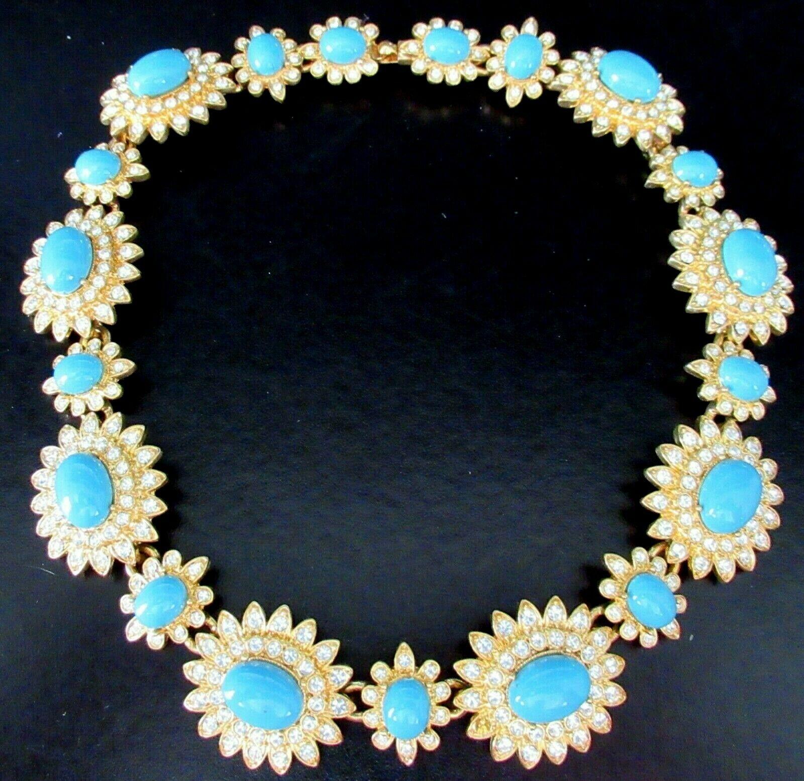 Women's Signed SCASSI Designer Faux Turquoise Sparkling Ice Crystal Floral Link Necklace