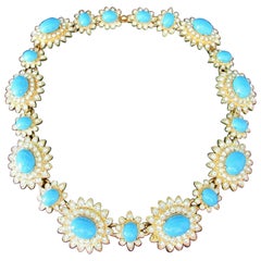 Signed SCASSI Designer Faux Turquoise Sparkling Ice Crystal Floral Link Necklace