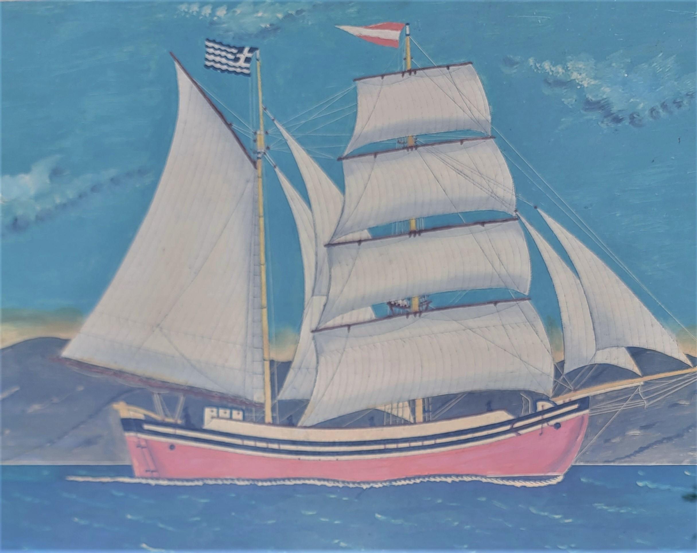 peinture à l'huile du 19ème siècle d'un navire dans un cadre. Ce navire de la Nouvelle Angleterre est probablement originaire de Grèce. Le drapeau grec est également sur le navire. Il est signé J.Katons.
