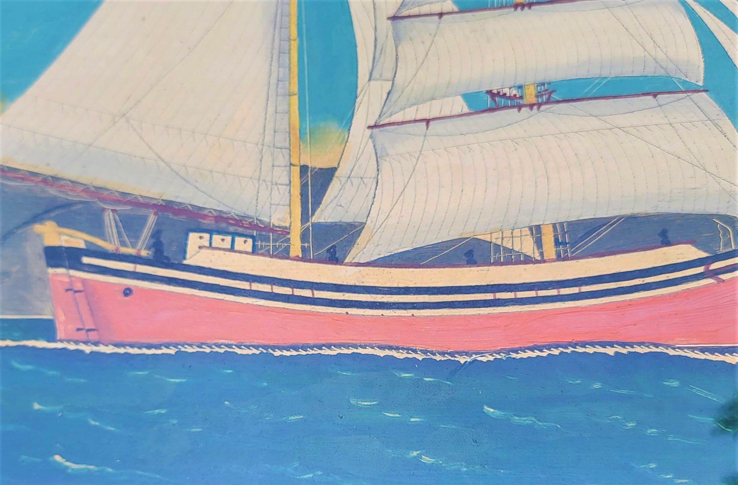 Folk Art Signed Schooner Ship Oil Painting By J.Koitor For Sale