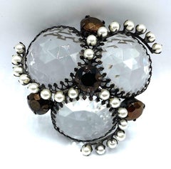 Signed Schreiner New York 1950s Domed Faceted Glass Cabochon & Pearl Brooch