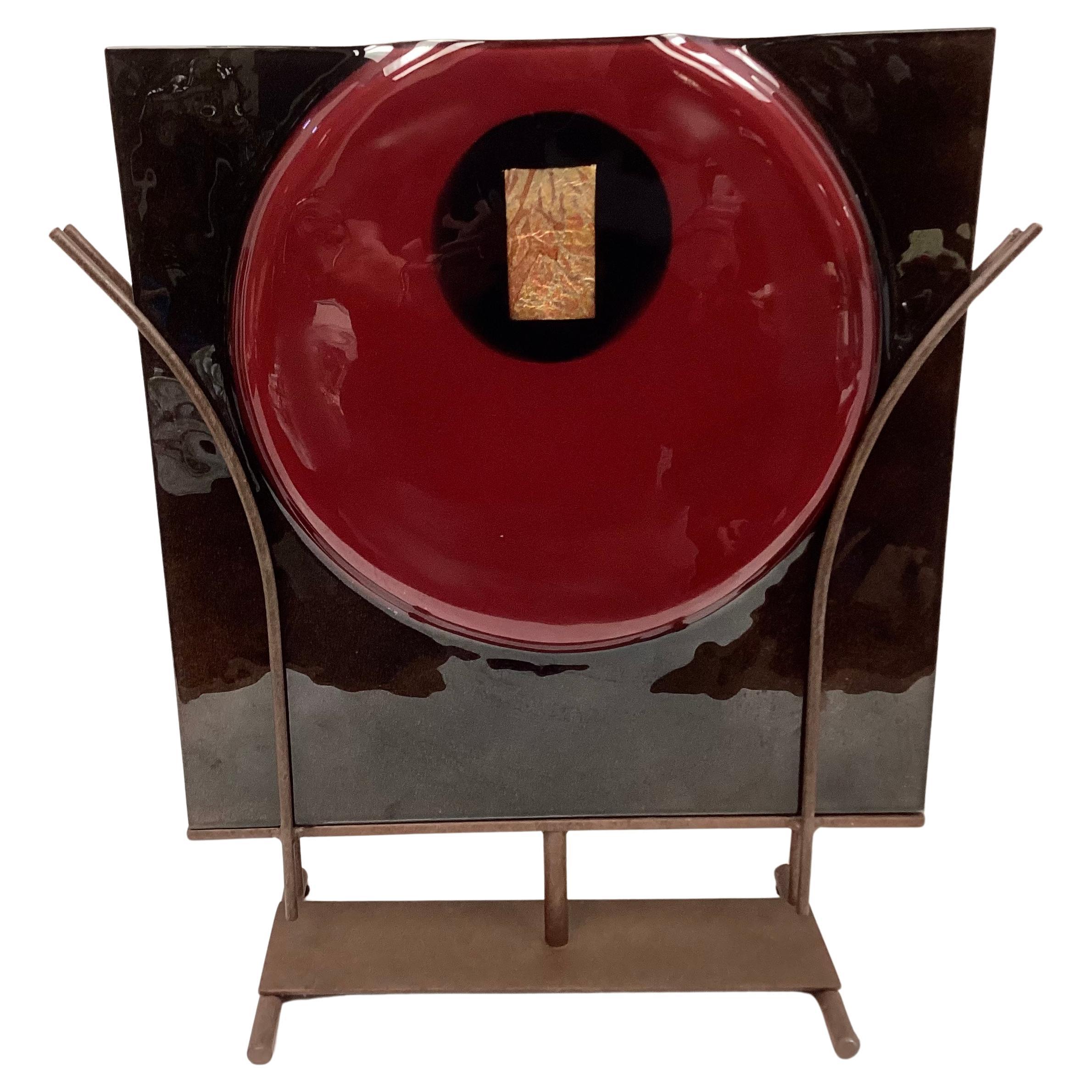 Vaso scultoreo in vetro artistico firmato su supporto in ferro
