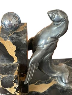 Art Deco Sea Lions Bookends by Maurice Frecourt, Bronze & Marble, 1930