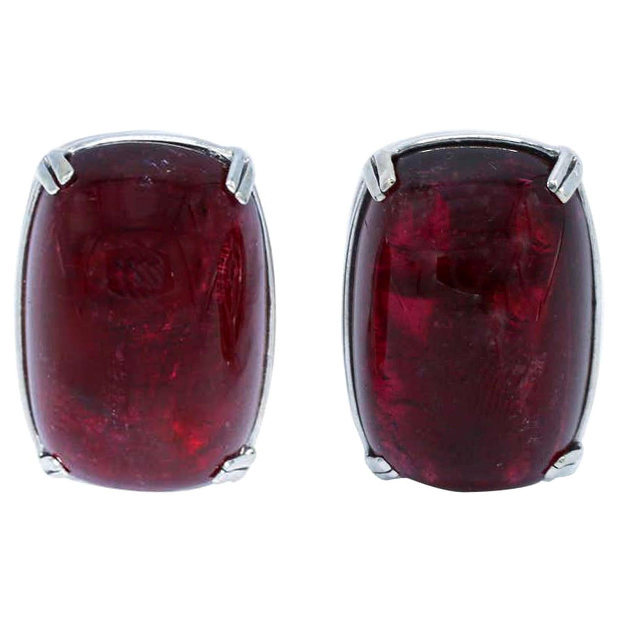 Signed Seaman Schepps Cabochon Rubellite Tourmaline Clip-On Earrings in 18k For Sale
