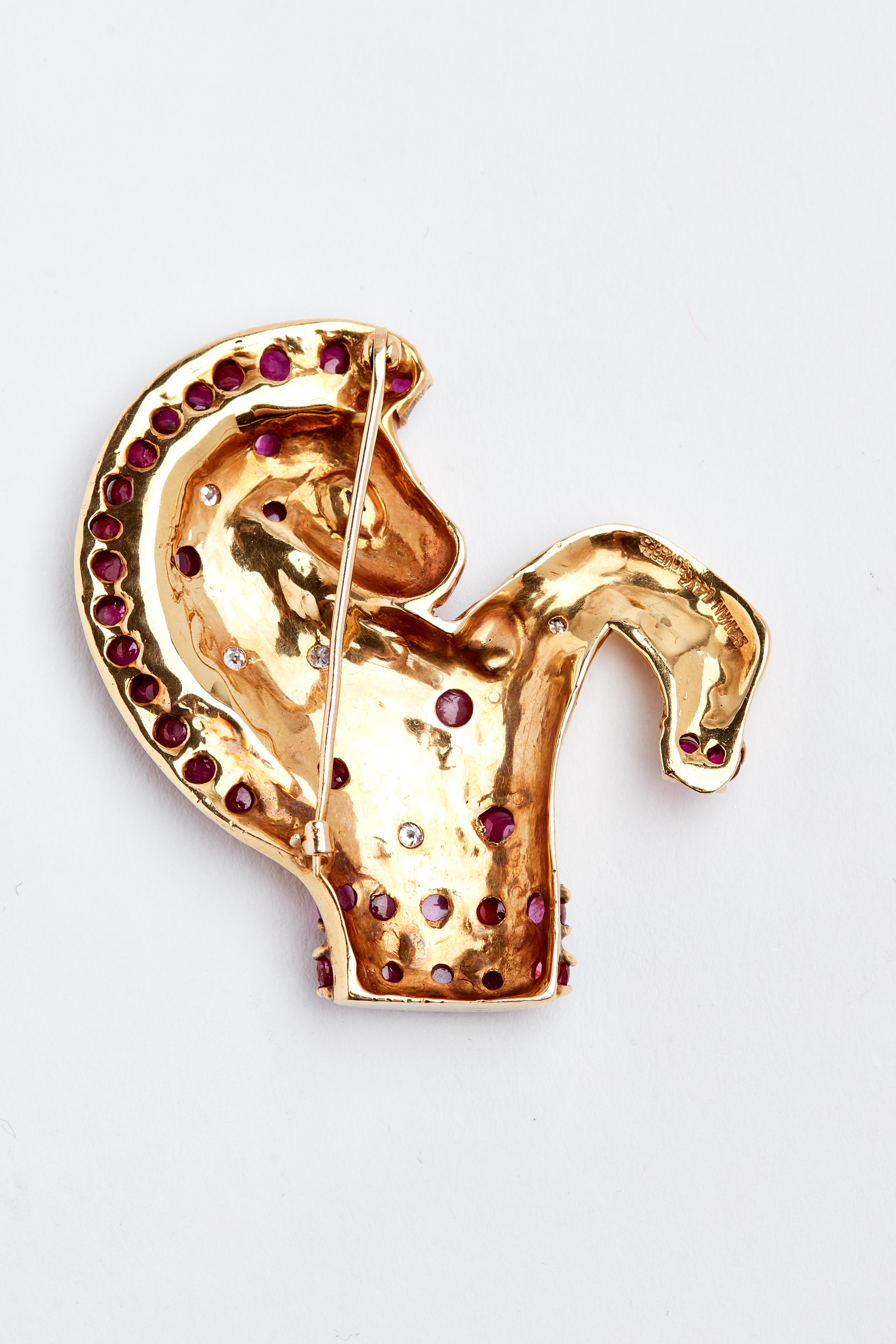 Signed Seaman Schepps Cobochon Ruby, Diamond and Sapphire Carousal Horse Brooch In Good Condition In New York, NY