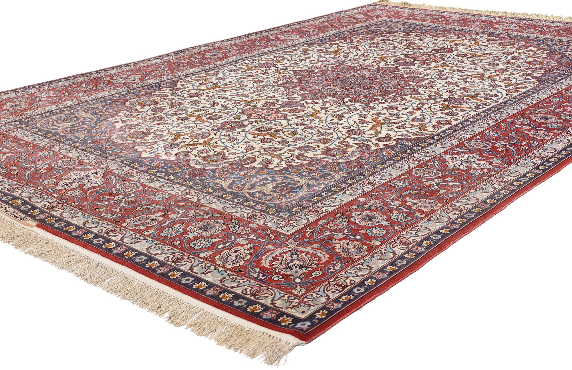 78780 Signed Vintage Ivory Persian Isfahan Rug, 06'09 x 10'06. In the heart of Persian artistry lies this exquisite hand-knotted wool and silk vintage Isfahan rug, a testament to the timeless elegance and intricate craftsmanship that define the