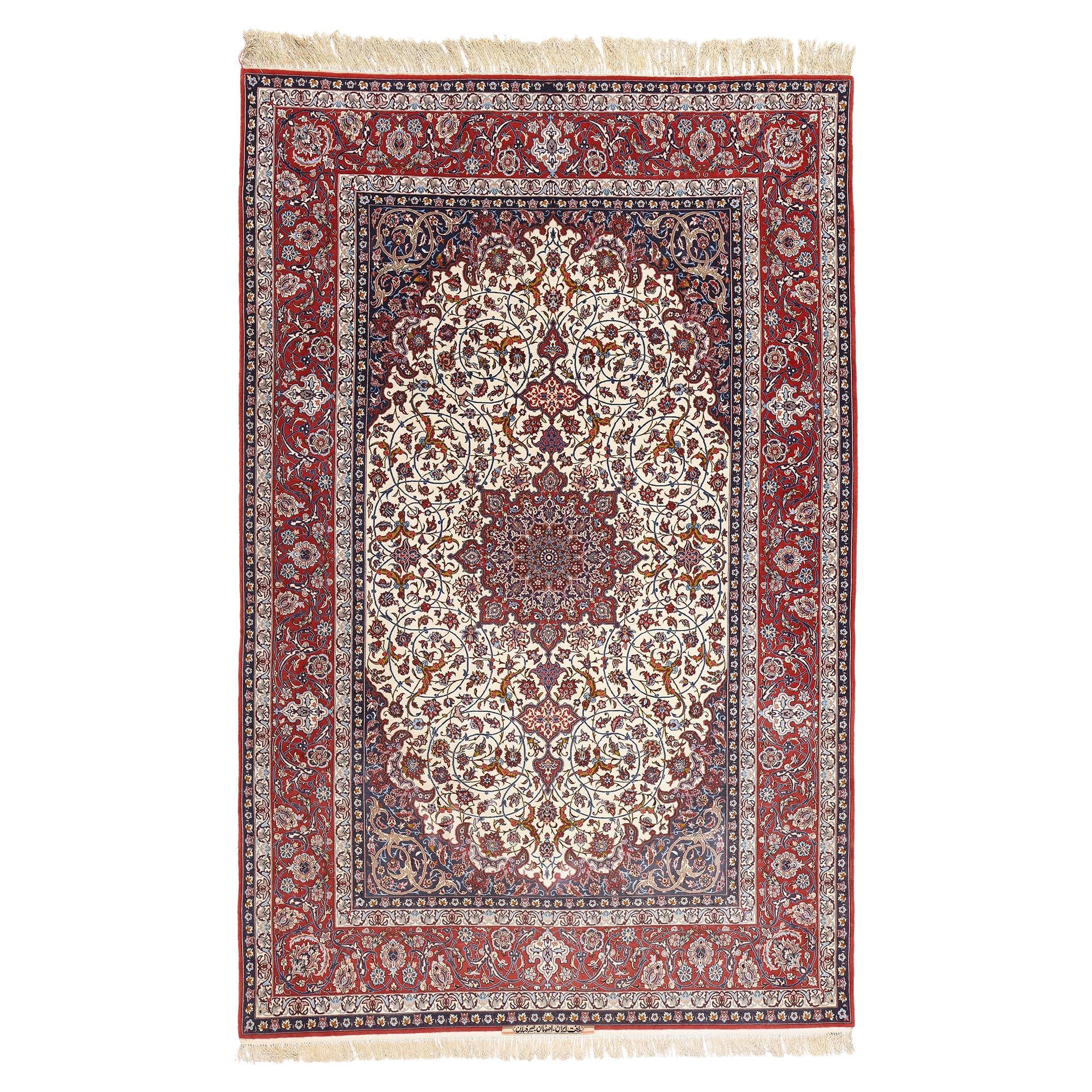 1960's Seirafian Ivory Persian Isfahan Carpet with Traditional Style For Sale