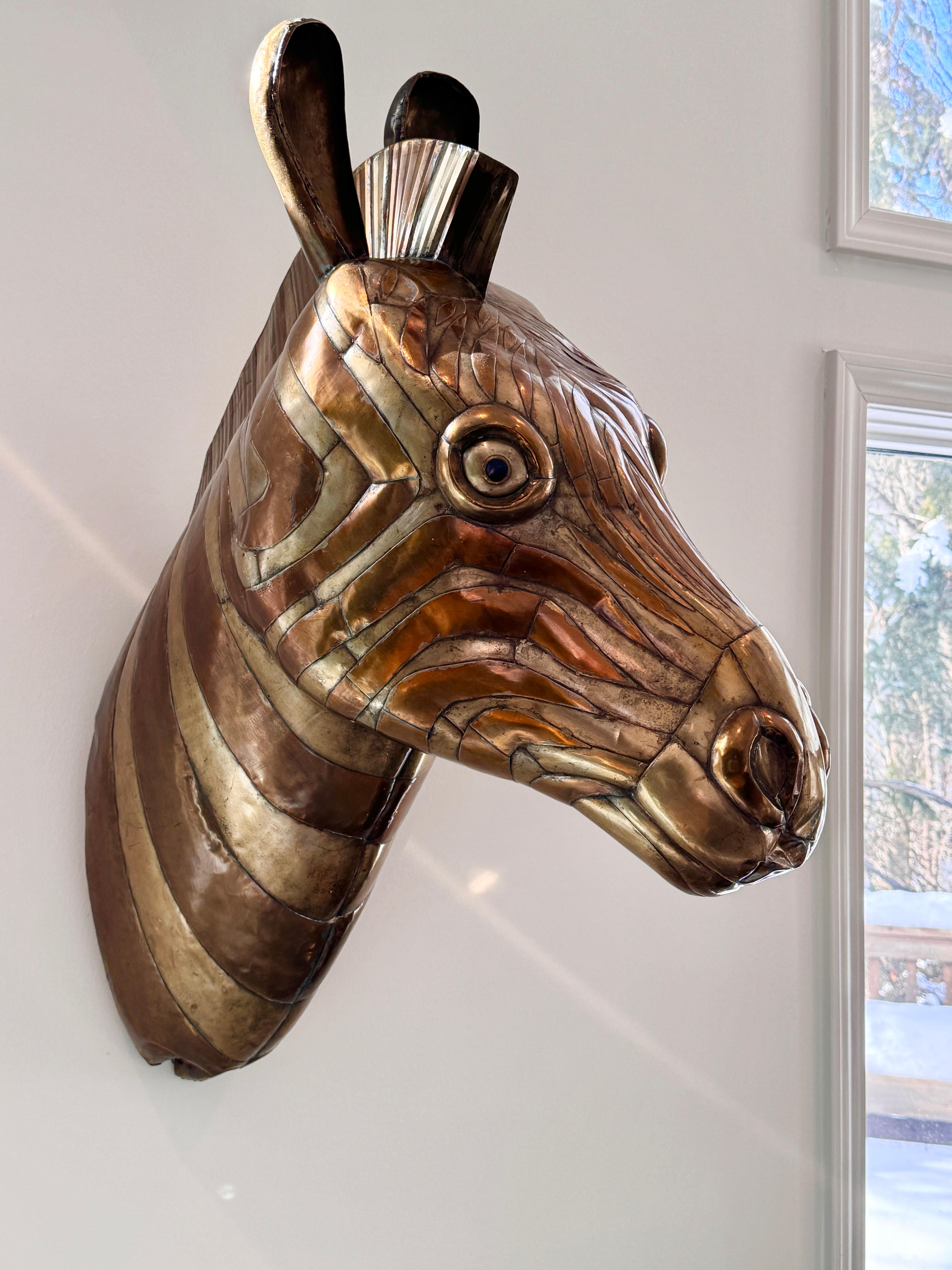 Mid-Century Modern Signed Sergio Bustamante Brass Copper Zebra Mount Wall Sculpture Mexico 1970s For Sale