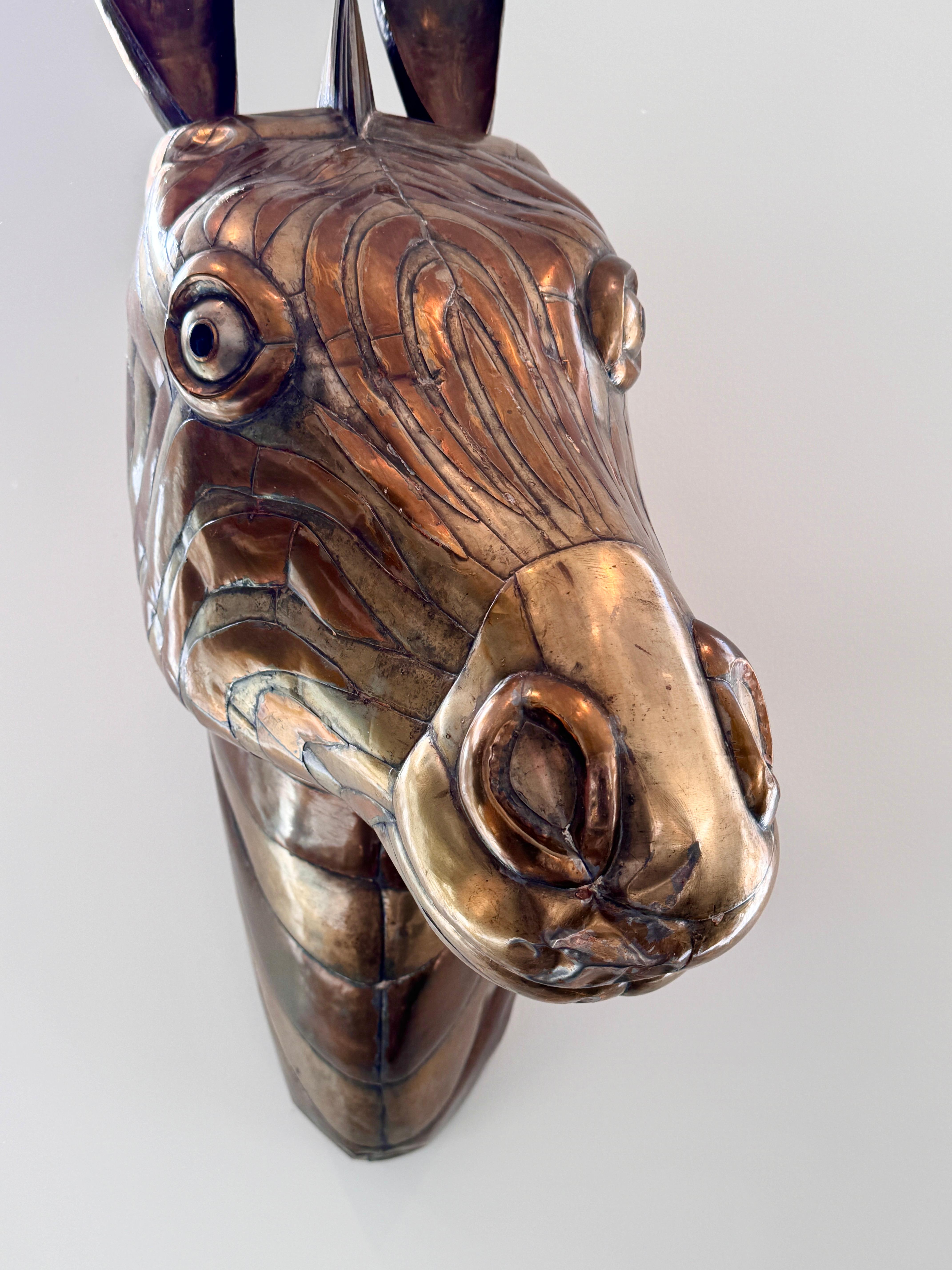 Mexican Signed Sergio Bustamante Brass Copper Zebra Mount Wall Sculpture Mexico 1970s For Sale