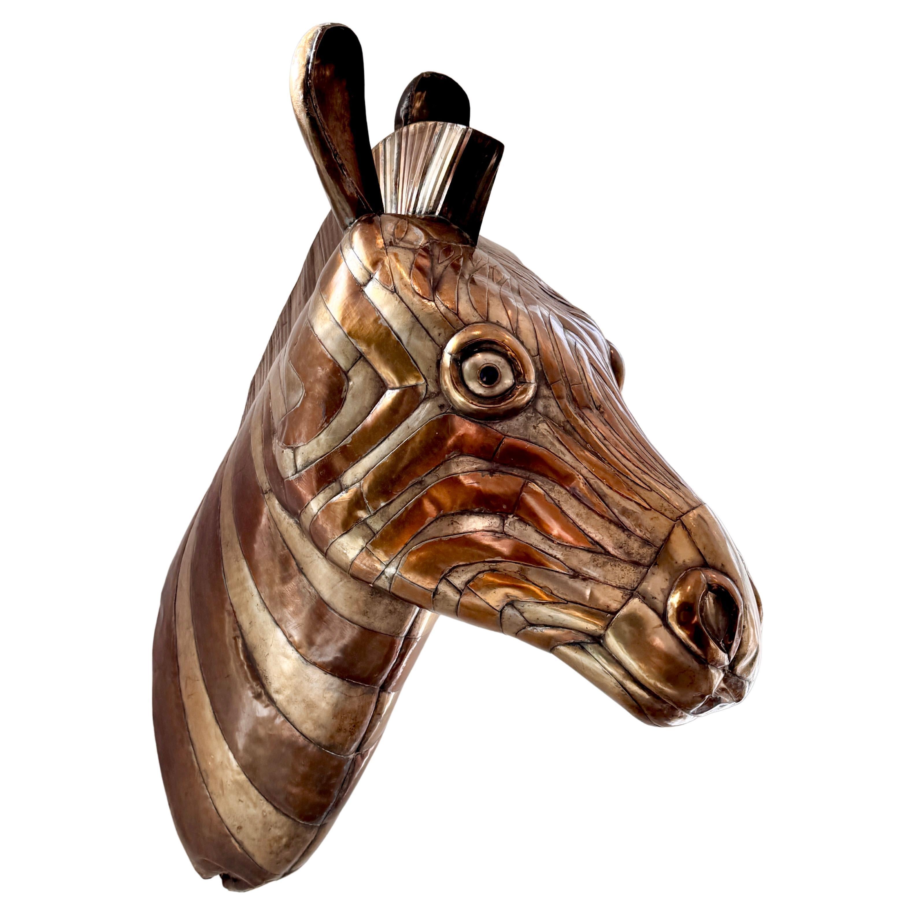 Signed Sergio Bustamante Brass Copper Zebra Mount Wall Sculpture Mexico 1970s For Sale