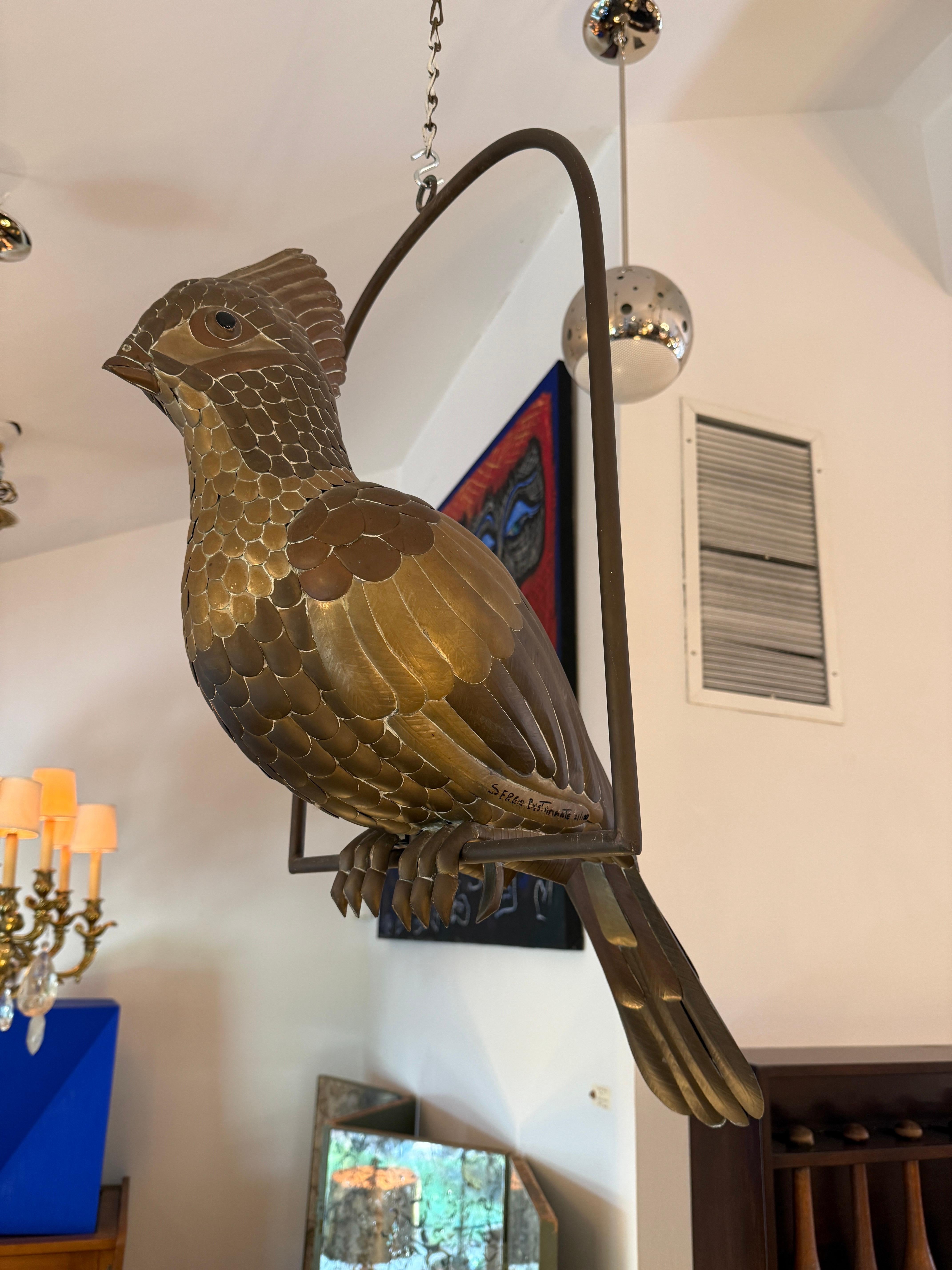 SIGNED Sergio Bustamante Brass Patchwork Tropical Bird Hanging Sculpture For Sale 4