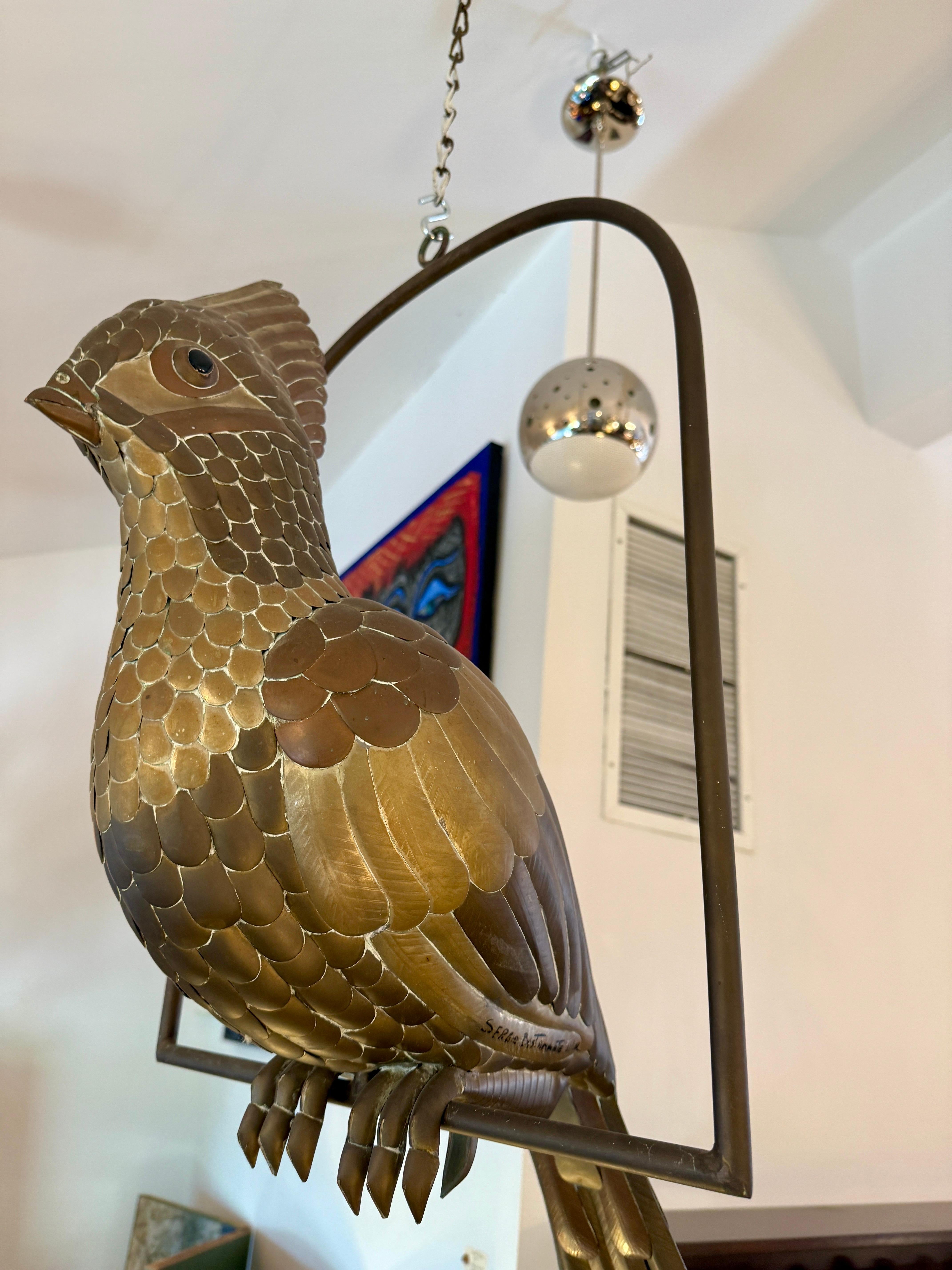 SIGNED Sergio Bustamante Brass Patchwork Tropical Bird Hanging Sculpture In Good Condition For Sale In North Miami, FL