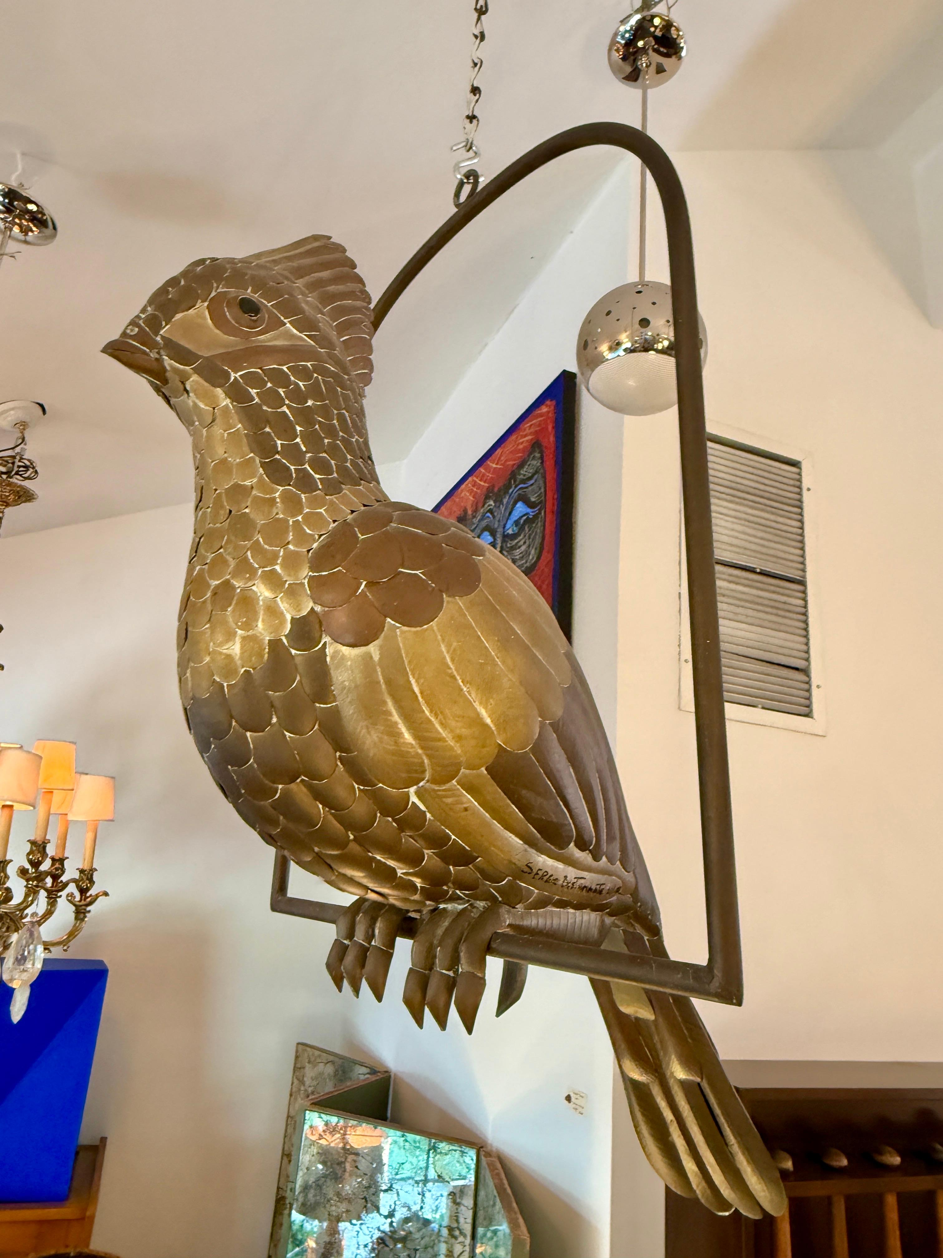 Late 20th Century SIGNED Sergio Bustamante Brass Patchwork Tropical Bird Hanging Sculpture For Sale