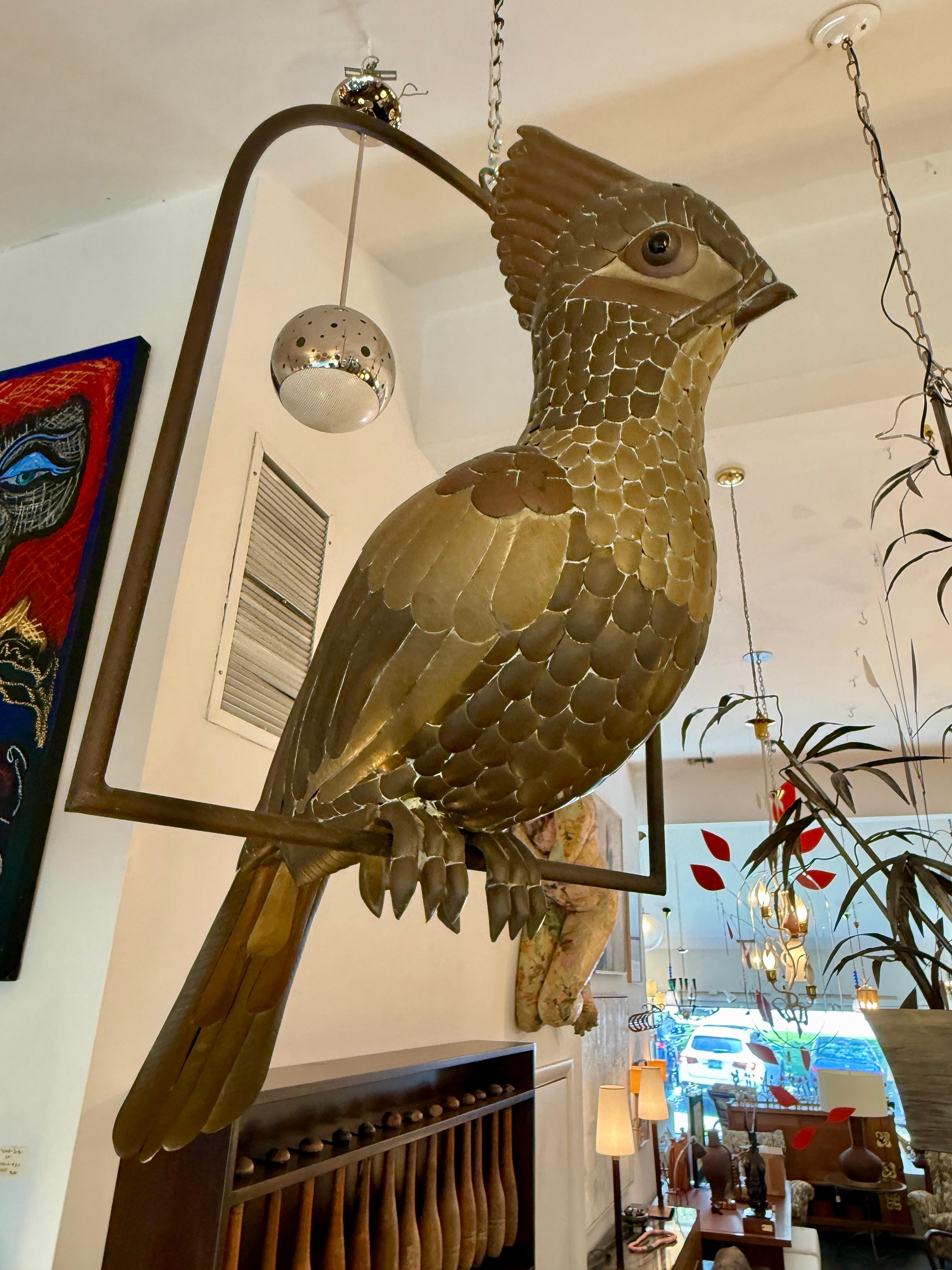 SIGNED Sergio Bustamante Brass Patchwork Tropical Bird Hanging Sculpture For Sale 2