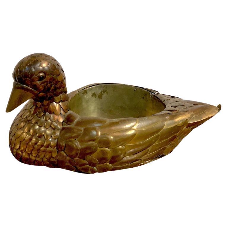 Highly Sought After Work of World Renowned Mexican Artist Sergio Bustamante Brass and Porcelain Swan Figure Statue