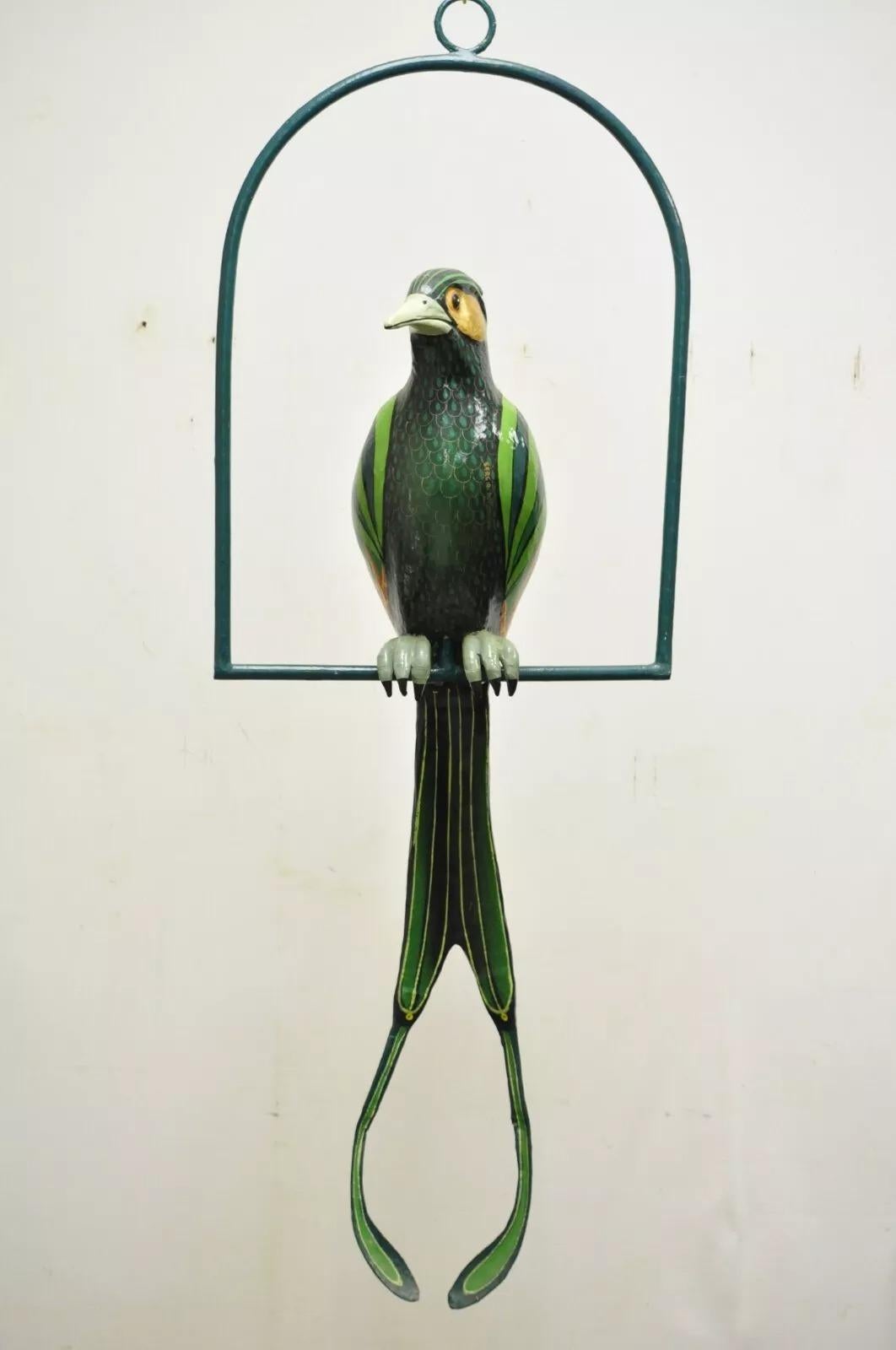 Vintage Signed Sergio Bustamante Paper Mache Green Parrot Bird Hanging Sculpture 10/100. Circa Late 20th Century. Measurements: 56