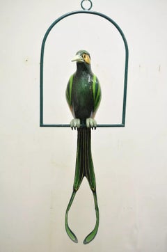Signed Sergio Bustamante Paper Mache Green Parrot Bird Hanging Sculpture