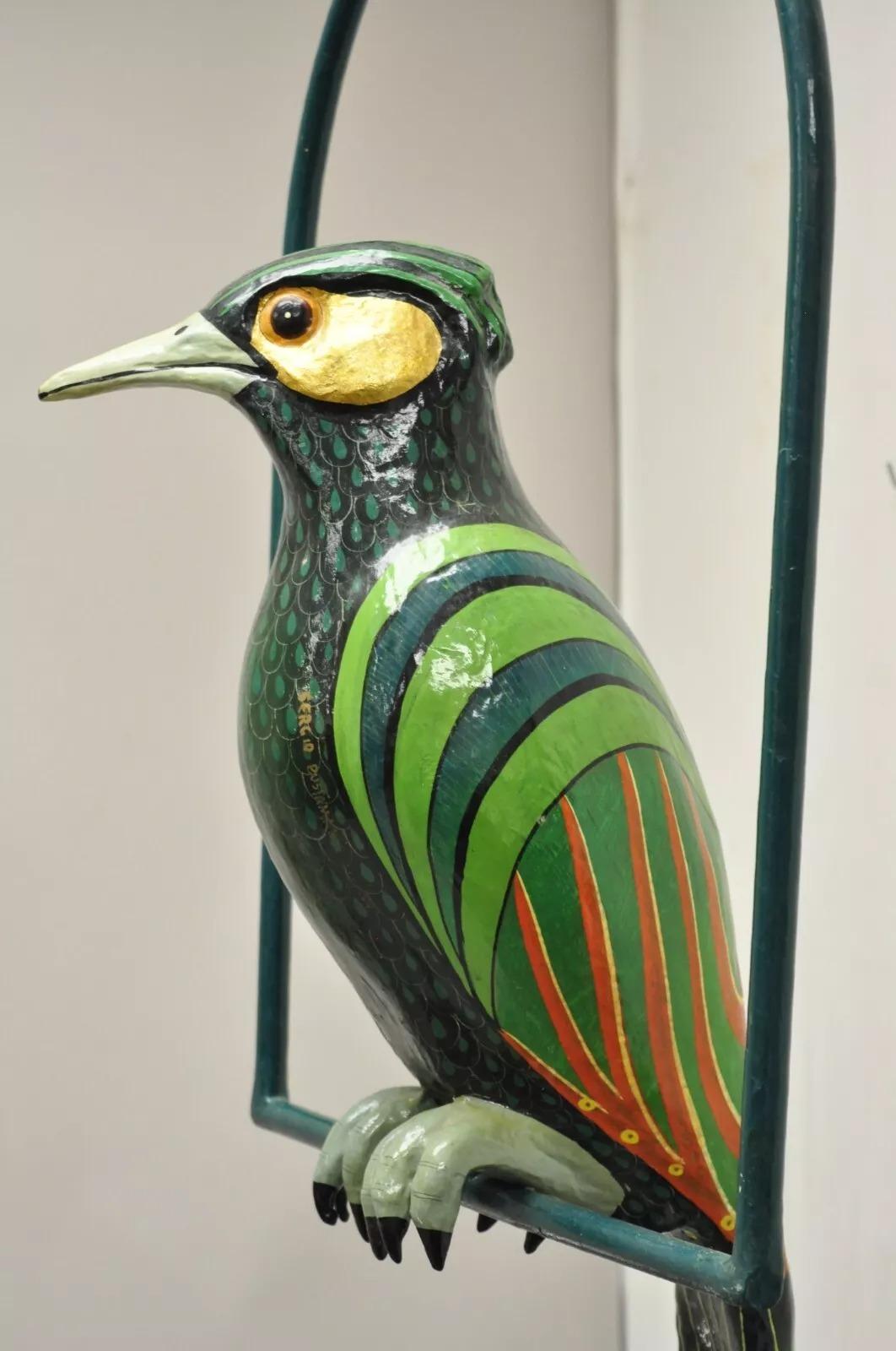 Mid-Century Modern Signed Sergio Bustamante Paper Mache Green Parrot Bird Hanging Sculpture For Sale
