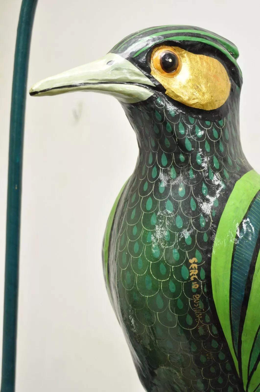 Unknown Signed Sergio Bustamante Paper Mache Green Parrot Bird Hanging Sculpture For Sale