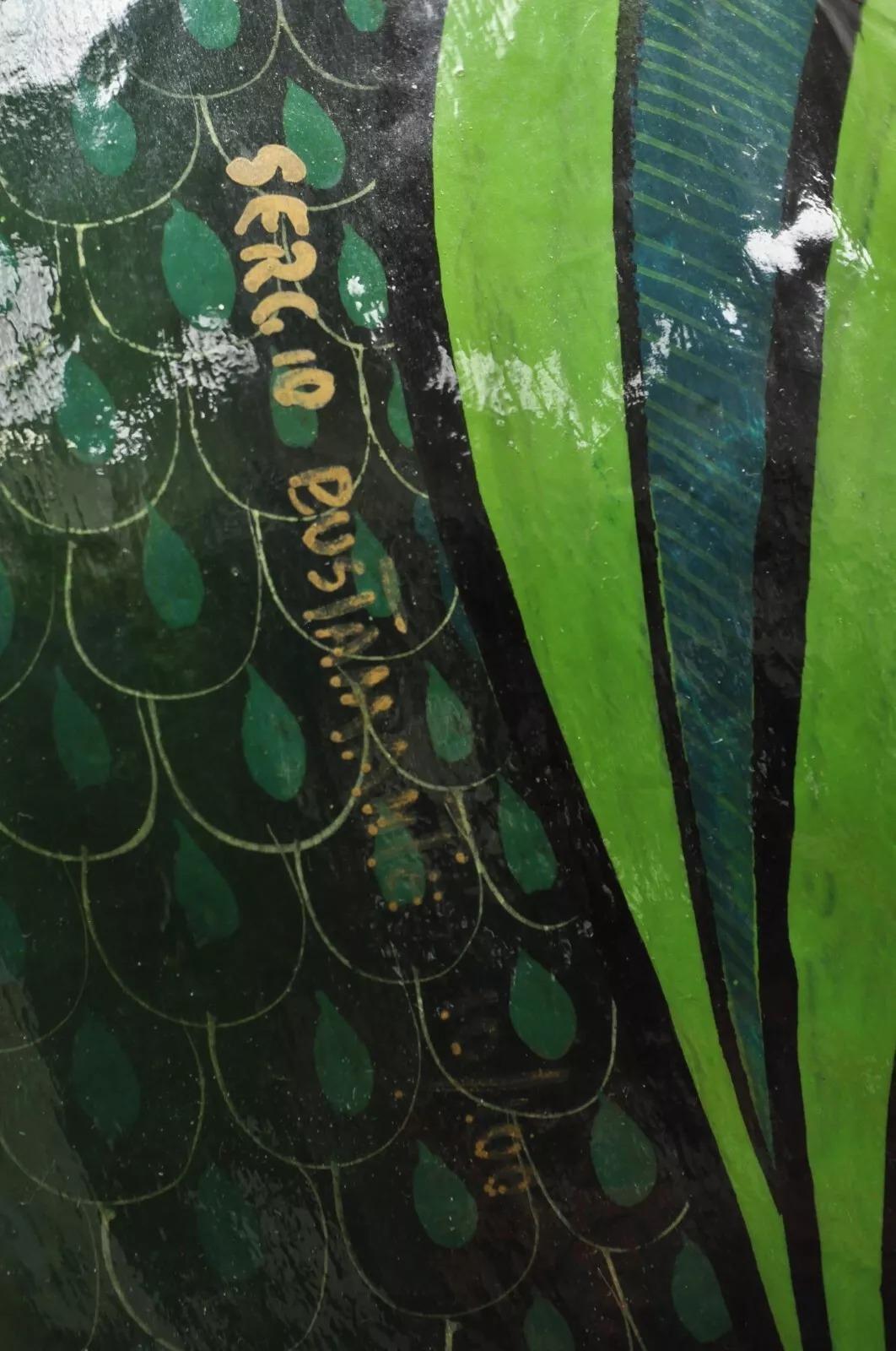 Signed Sergio Bustamante Paper Mache Green Parrot Bird Hanging Sculpture In Good Condition For Sale In Philadelphia, PA