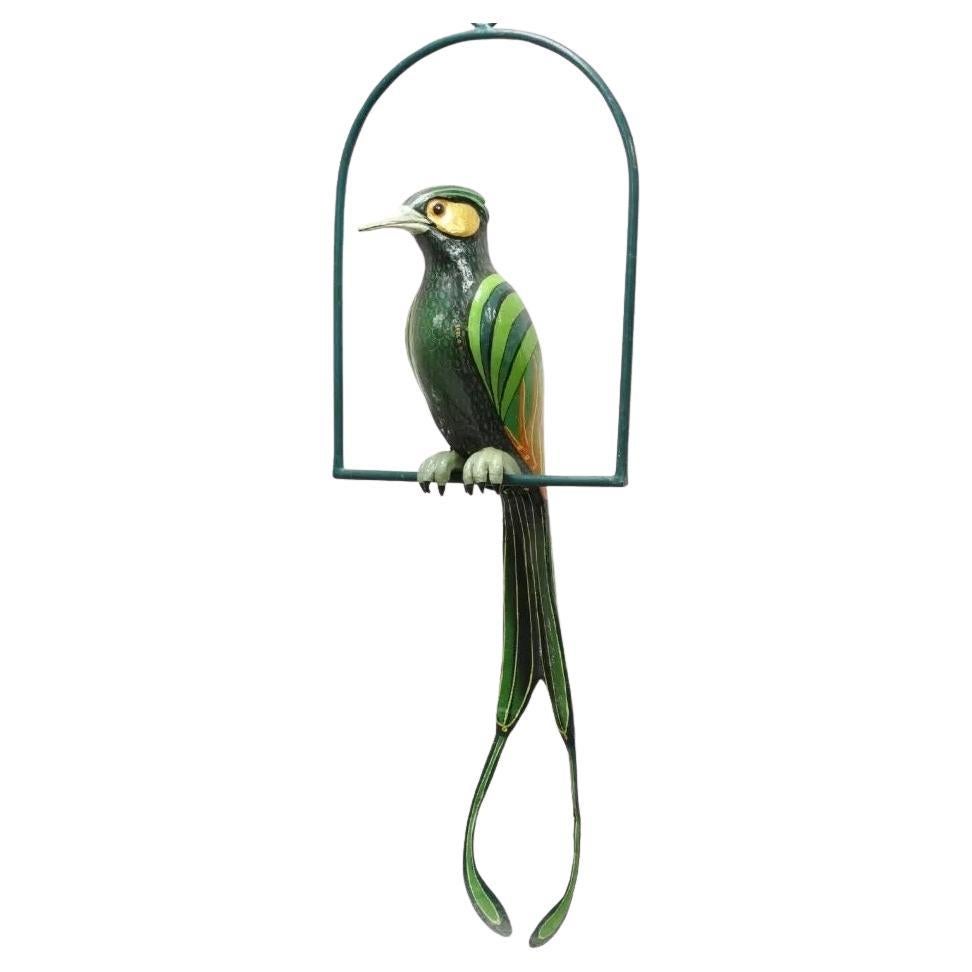 Signed Sergio Bustamante Paper Mache Green Parrot Bird Hanging Sculpture
