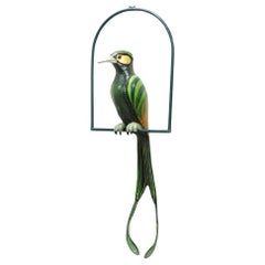 Signed Sergio Bustamante Paper Mache Green Parrot Bird Hanging Sculpture