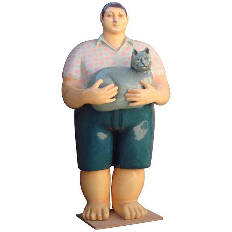 Very rare life-sized papier mâché sculpture of boy with cat by Mexican artist, Sergio Bustamante - this is a beautiful example of Bustamantes work and a reminiscent nod to Fernando Botero.