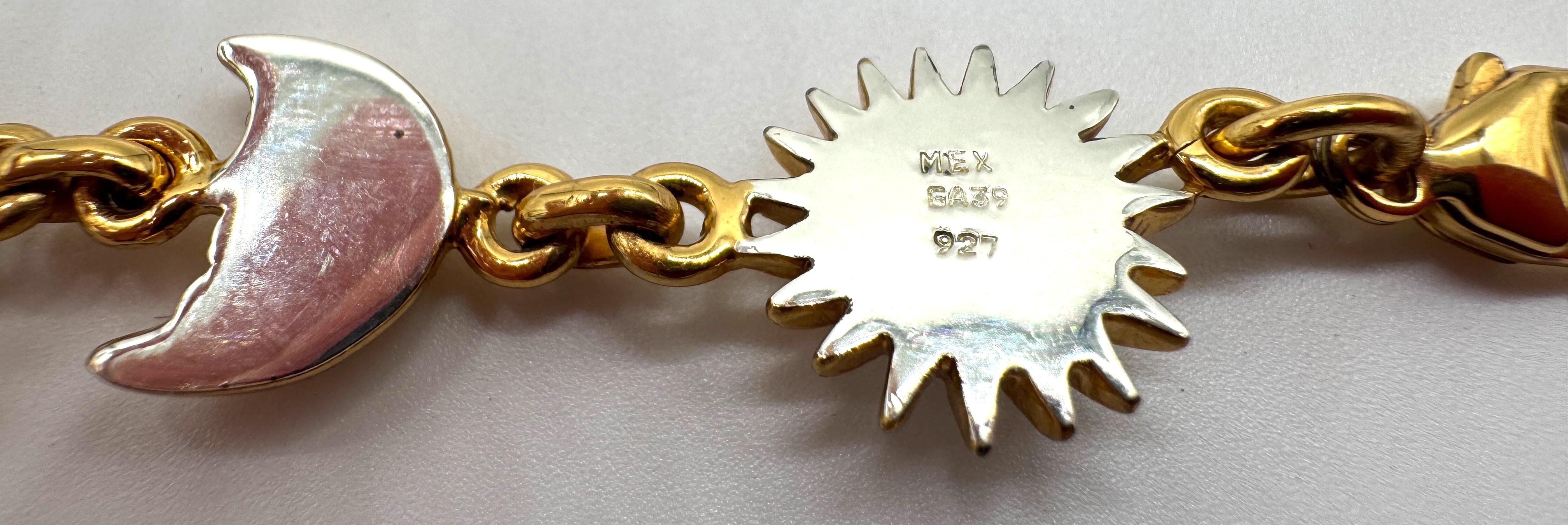 Signed Sergio Bustamante Sterling & Vermeil Sun & Moon Link Bracelet, 1990s For Sale 2