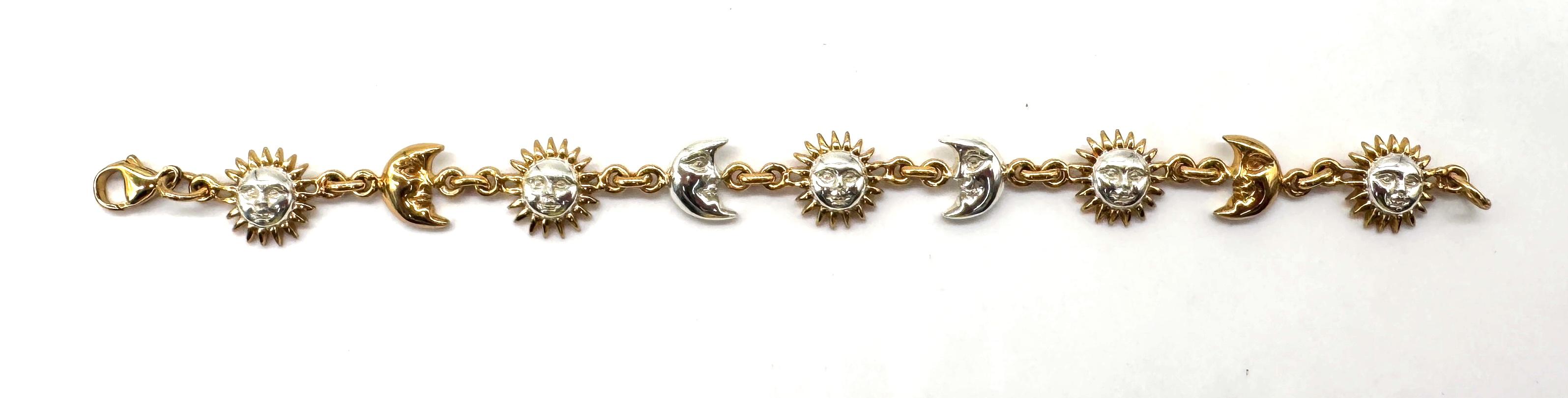 Signed Sergio Bustamante Sterling Silver & Vermeil Sun and Moon Link Bracelet, 7.75