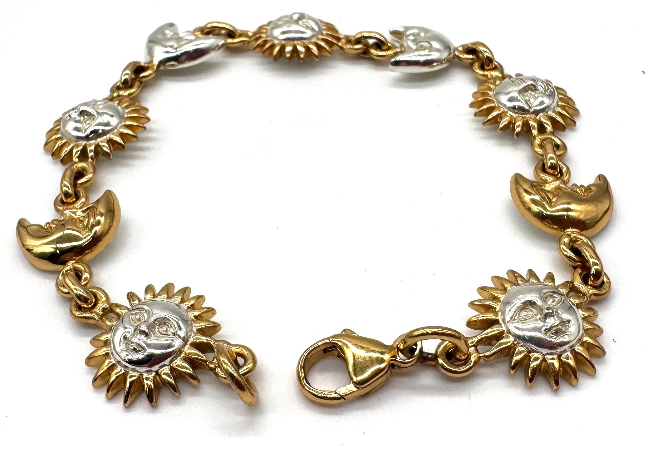 Modern Signed Sergio Bustamante Sterling & Vermeil Sun & Moon Link Bracelet, 1990s For Sale