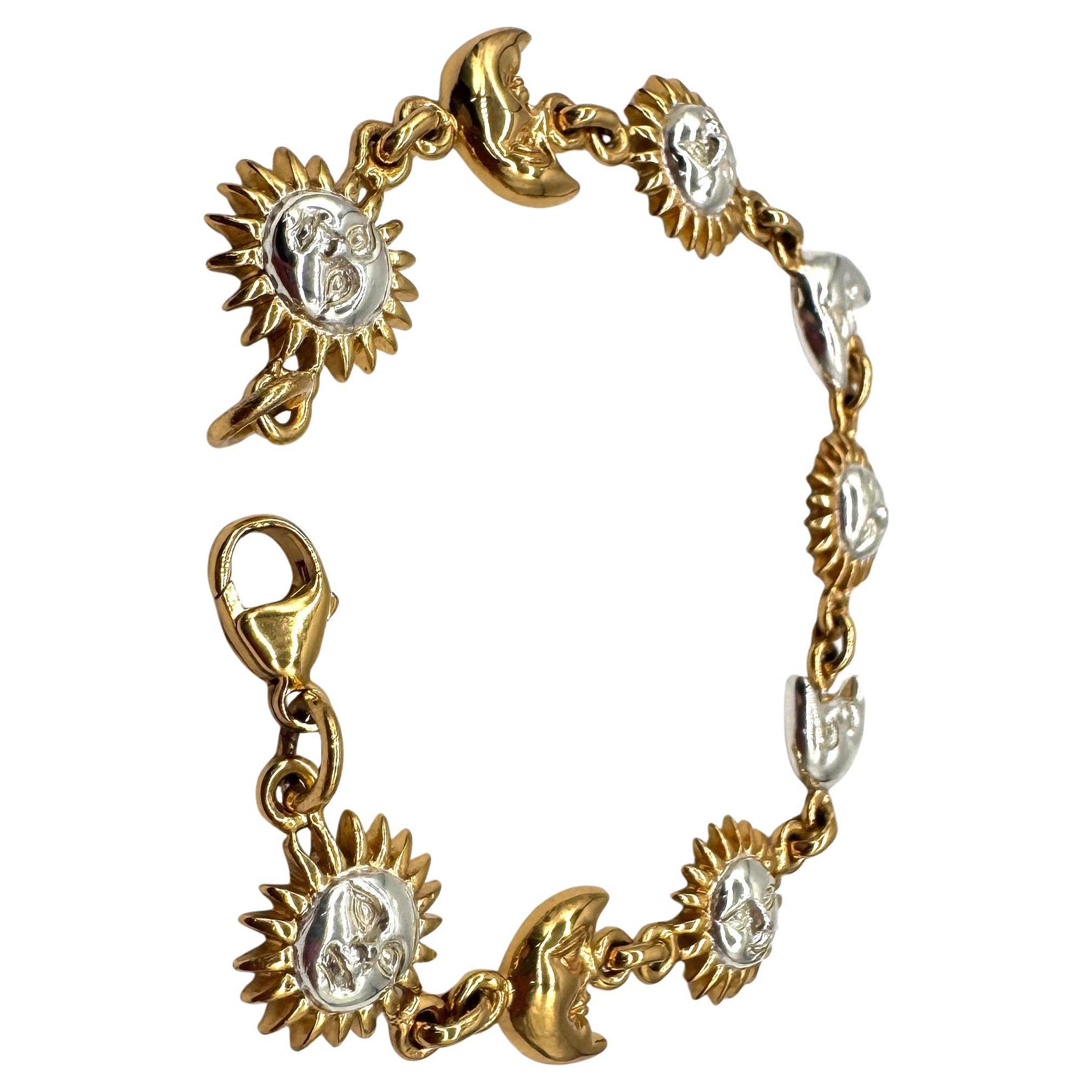 Cast Signed Sergio Bustamante Sterling & Vermeil Sun & Moon Link Bracelet, 1990s For Sale