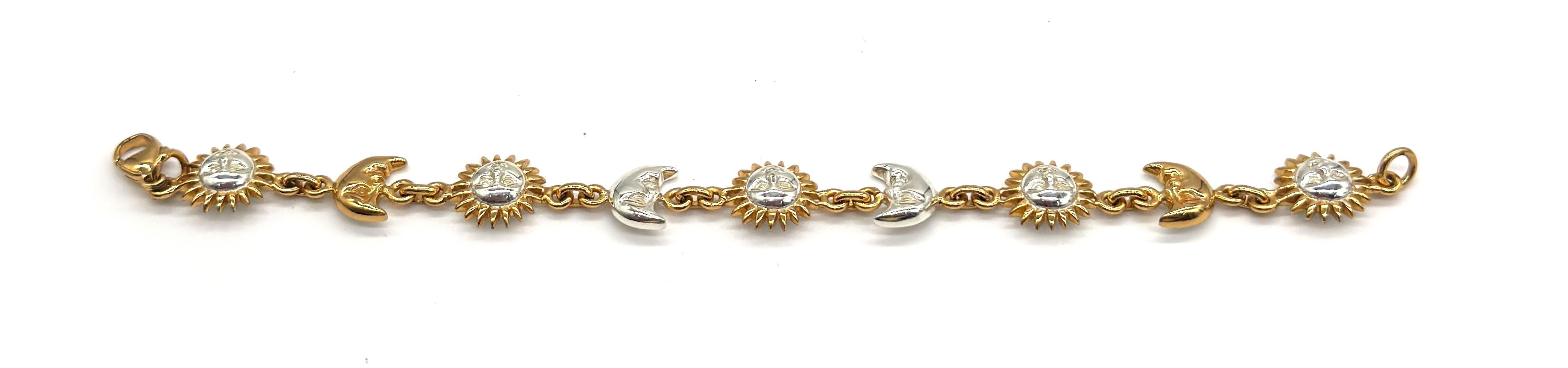 Signed Sergio Bustamante Sterling & Vermeil Sun & Moon Link Bracelet, 1990s In Good Condition For Sale In West Palm Beach, FL