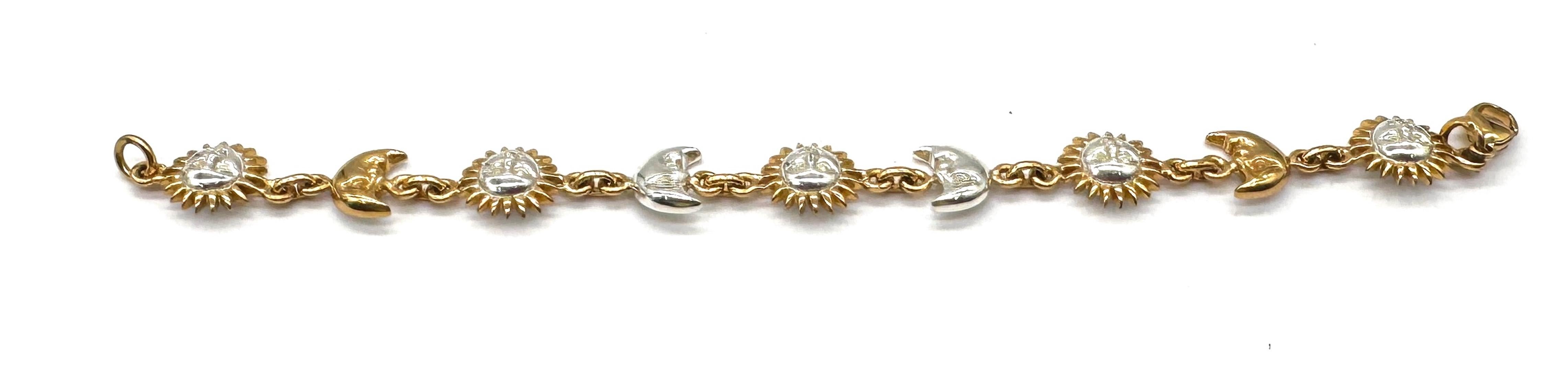 Sterling Silver Signed Sergio Bustamante Sterling & Vermeil Sun & Moon Link Bracelet, 1990s For Sale