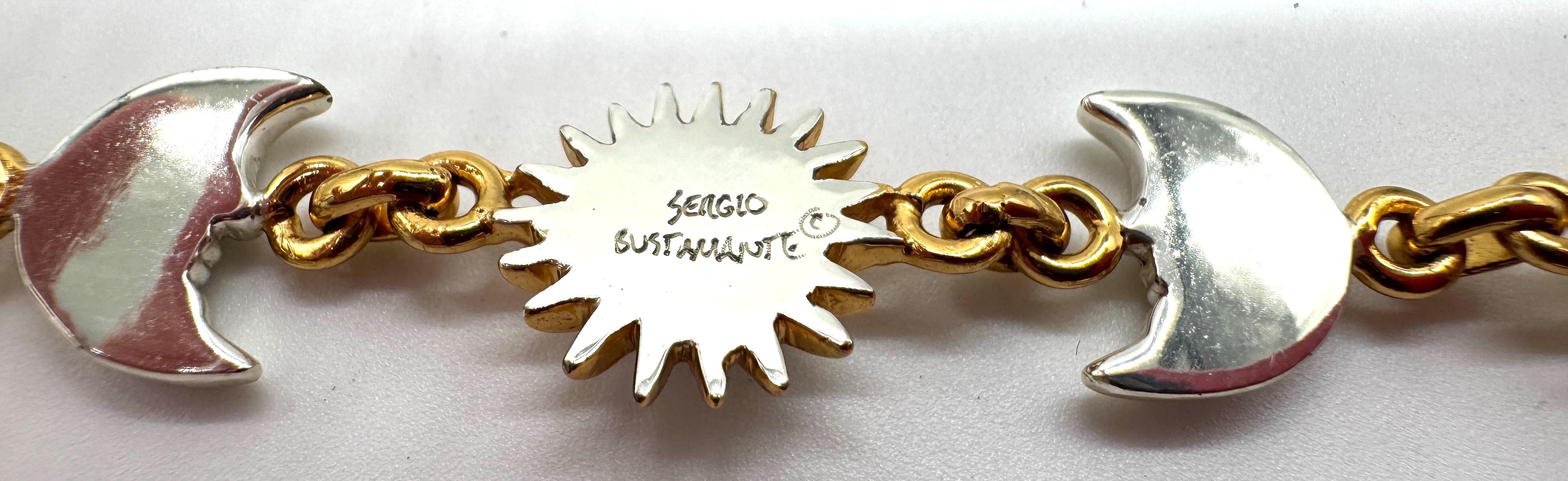 Signed Sergio Bustamante Sterling & Vermeil Sun & Moon Link Bracelet, 1990s For Sale 1
