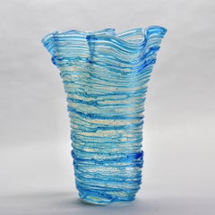 Signed Sergio Costantini Tall Murano Glass Vase with Blue Glass Stringing