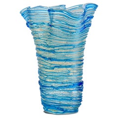 Signed Sergio Costantini Tall Murano Glass Vase with Blue Glass Stringing