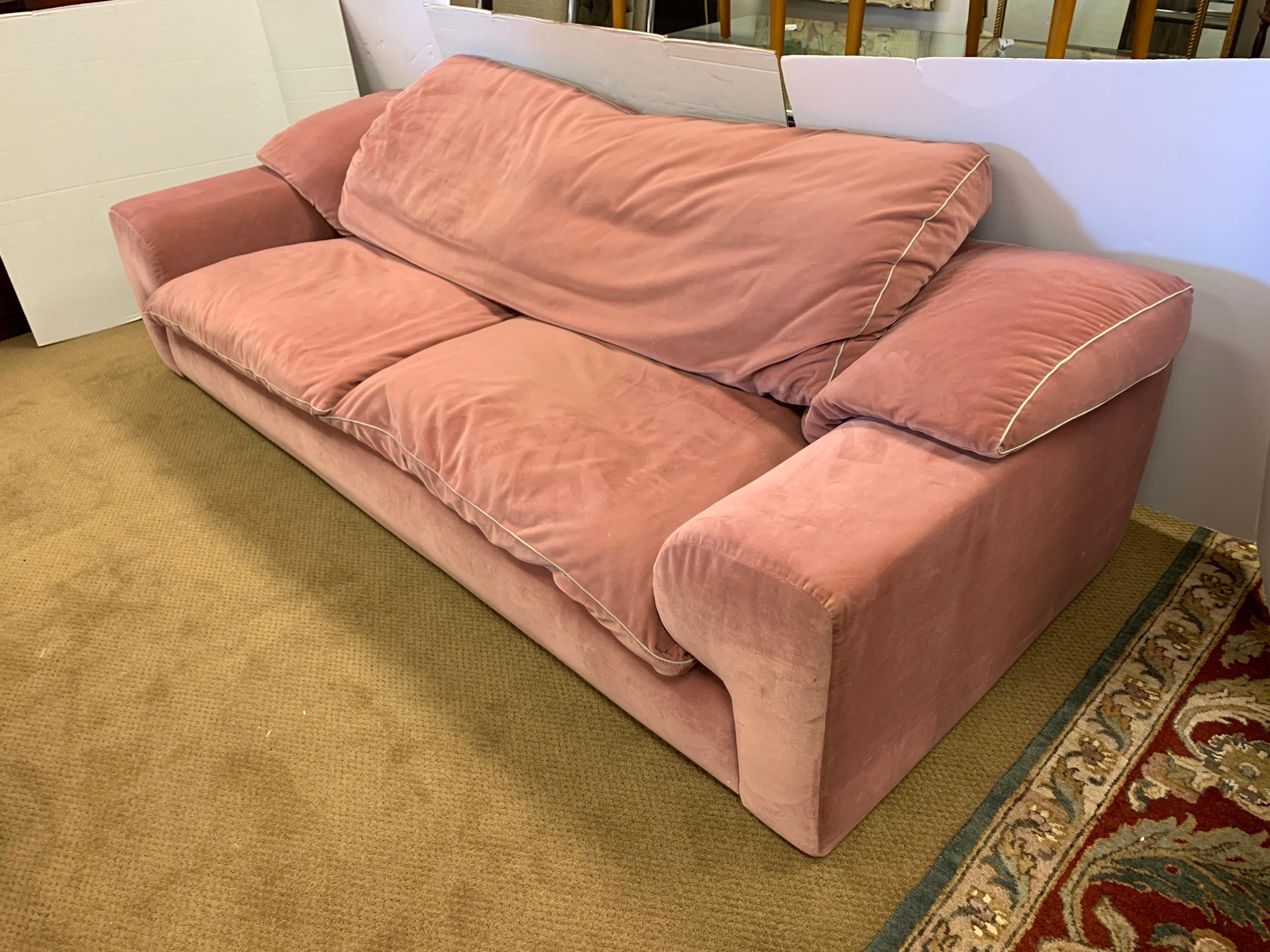 Steel Signed Set of Roche Bobois Sofa and Matching Loveseat in Pale Pink Velvet