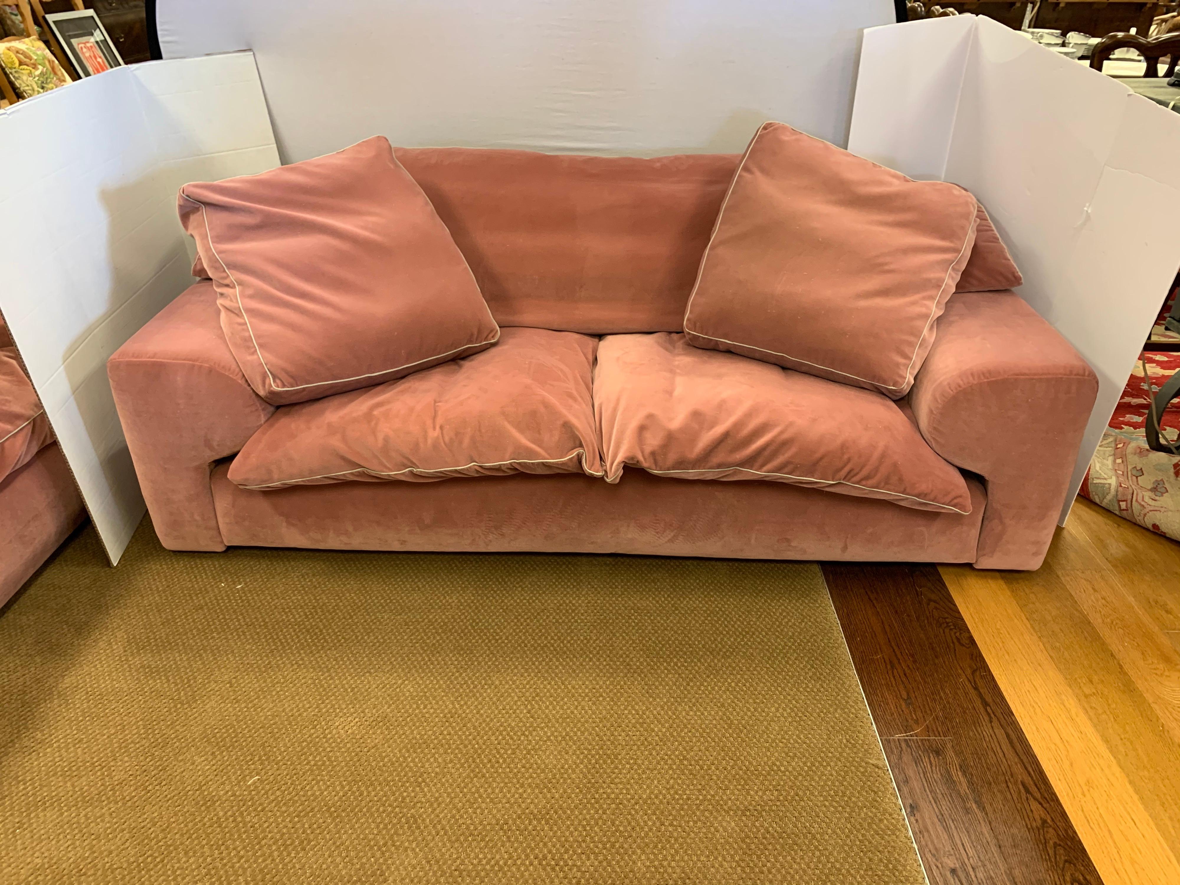 Post-Modern Signed Set of Roche Bobois Sofa and Matching Loveseat in Pale Pink Velvet