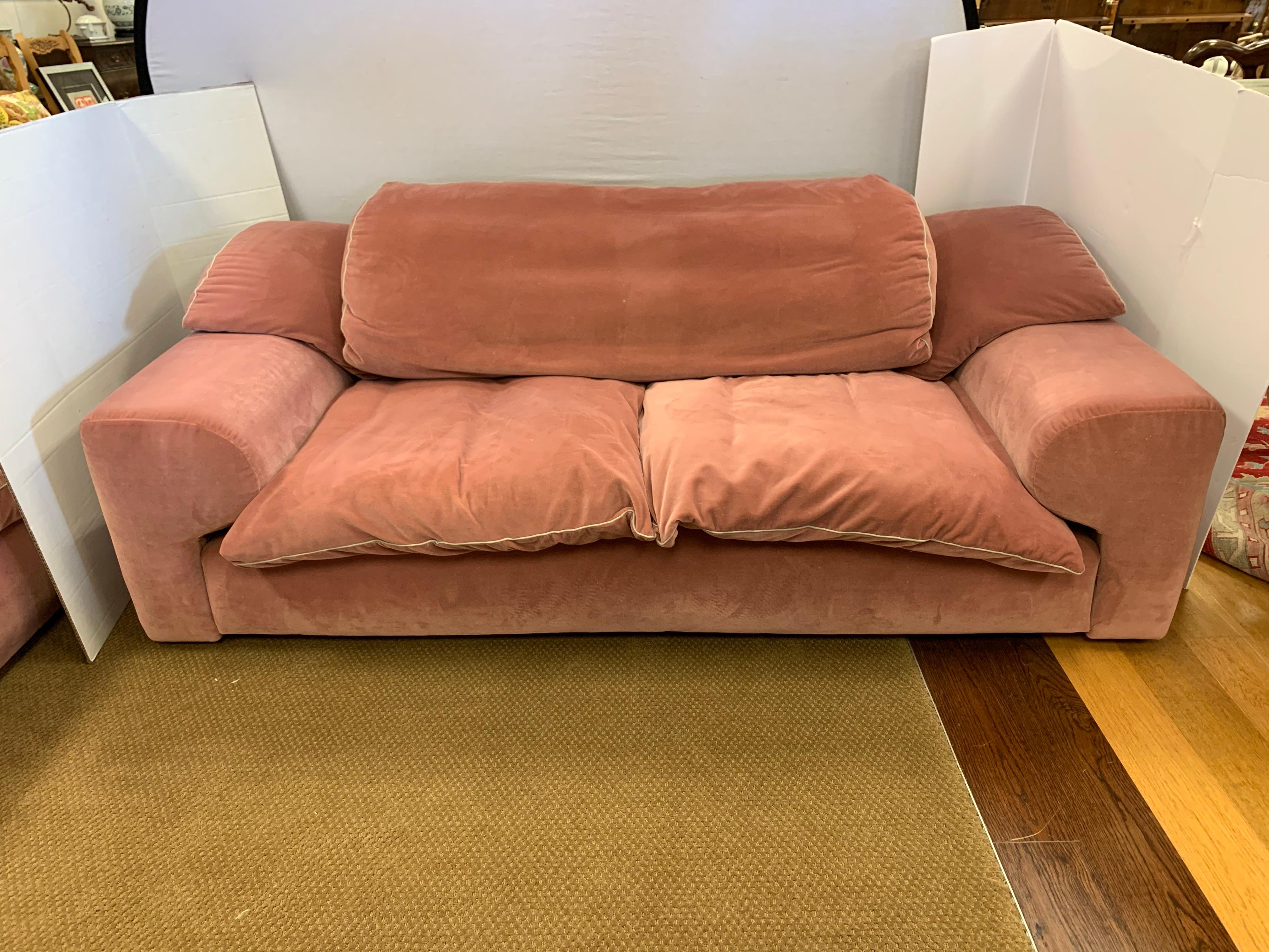 French Signed Set of Roche Bobois Sofa and Matching Loveseat in Pale Pink Velvet