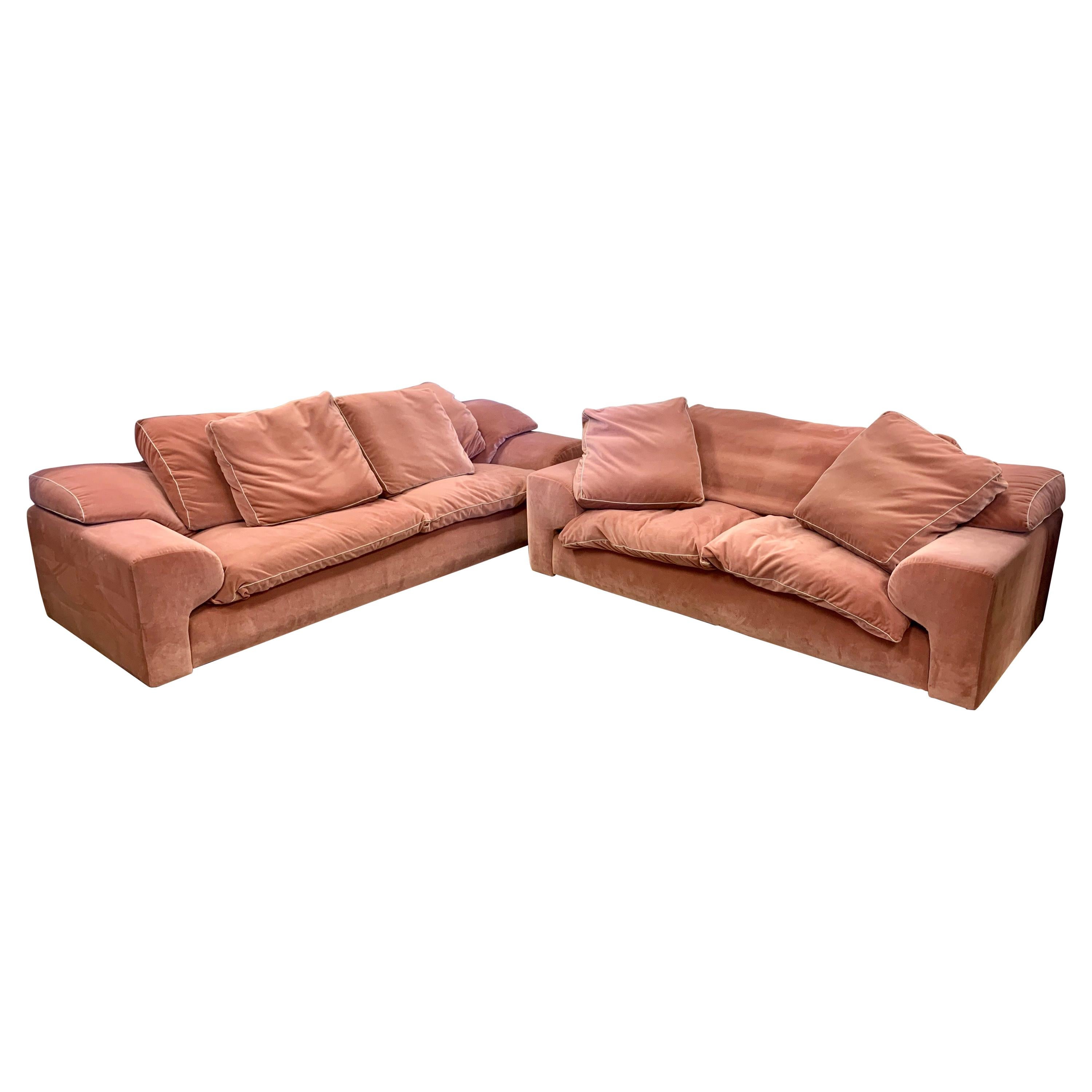 Signed Set of Roche Bobois Sofa and Matching Loveseat in Pale Pink Velvet