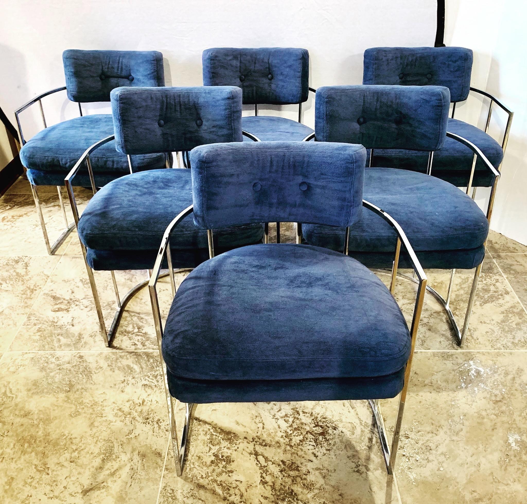 Outstanding set of six Milo Baughman for Thayer Coggin dining chairs. They are upholstered in their original royal blue velvet fabric on a chrome curved base. The fabric is magnificent and either mohair or velvet, hard to tell. No need to