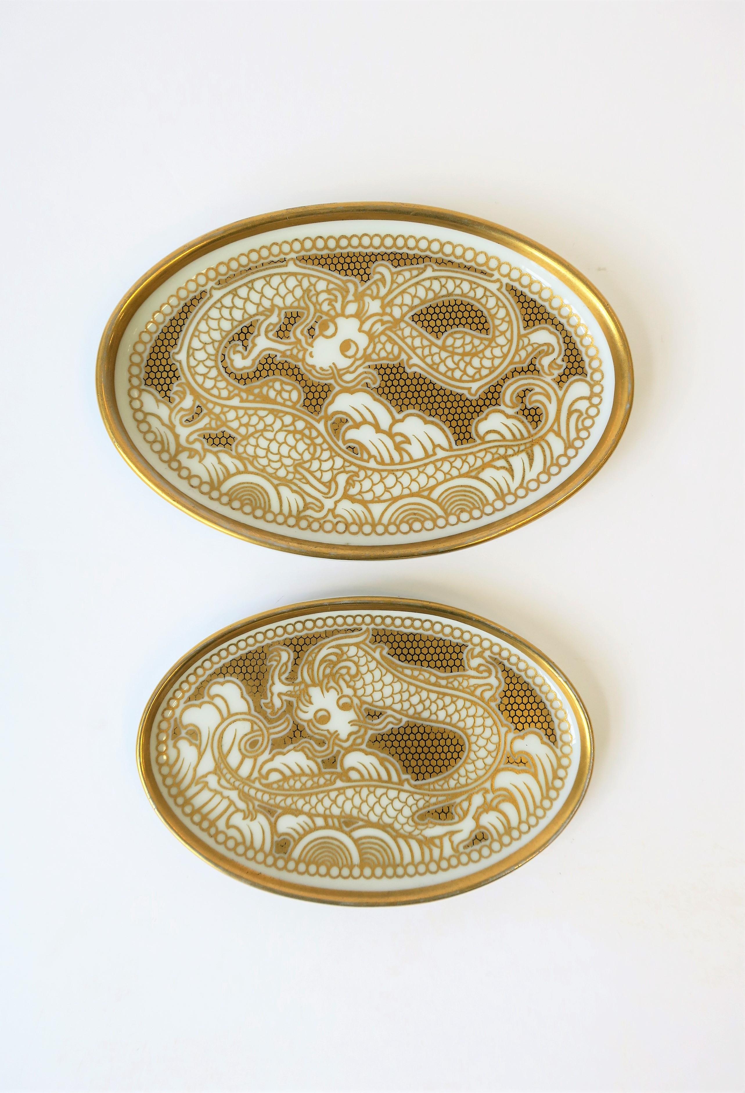 Chinoiserie Designer Gold Dragon Jewelry Dishes by Rosenthal  For Sale