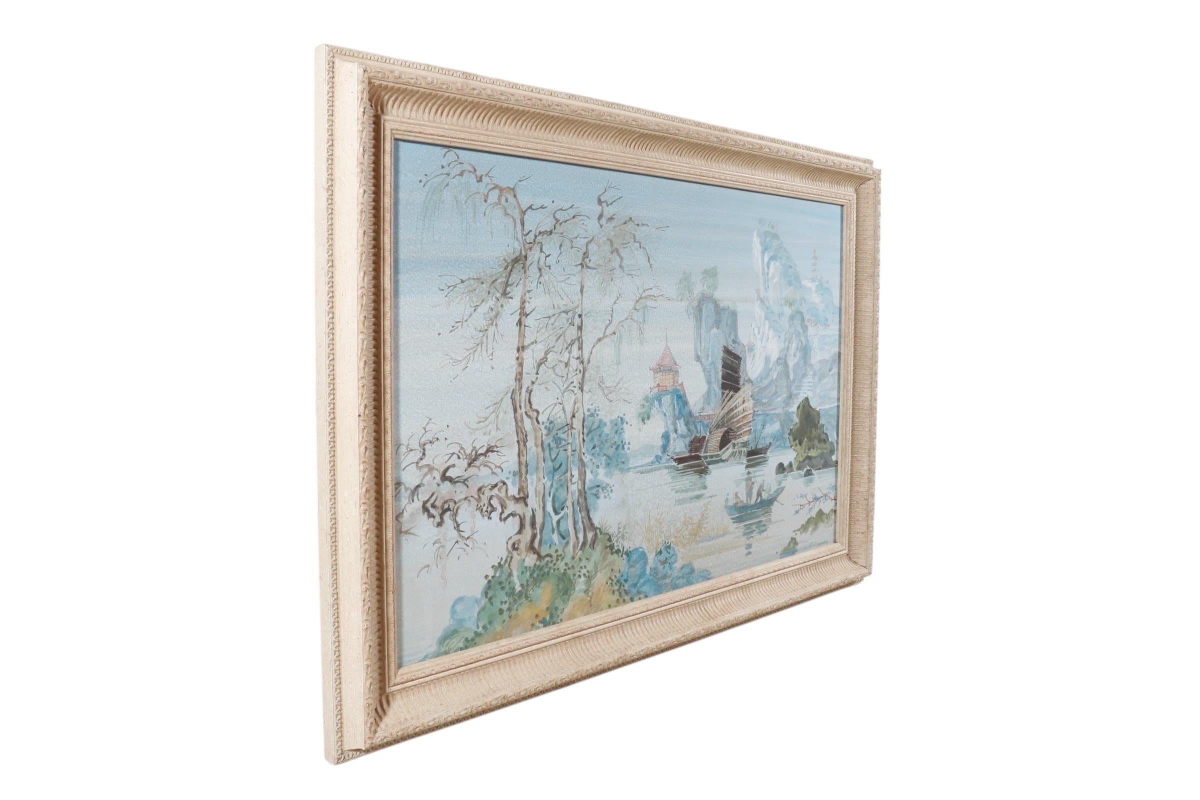 An original signed traditional Chinese landscape watercolor in the style of a shan shui painting. The scene depicts a vast watery landscape, with mountains jutting up toward the heavens. In the foreground, tall trees to the left frame a small