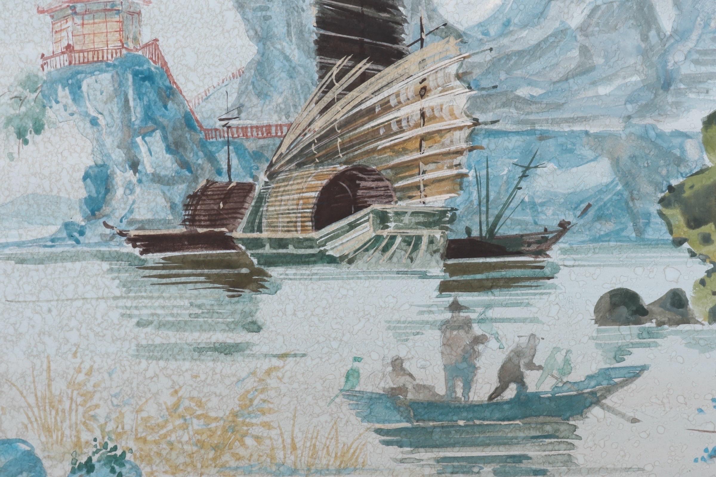 Wood Signed Shan Shui Style Watercolor Painting For Sale