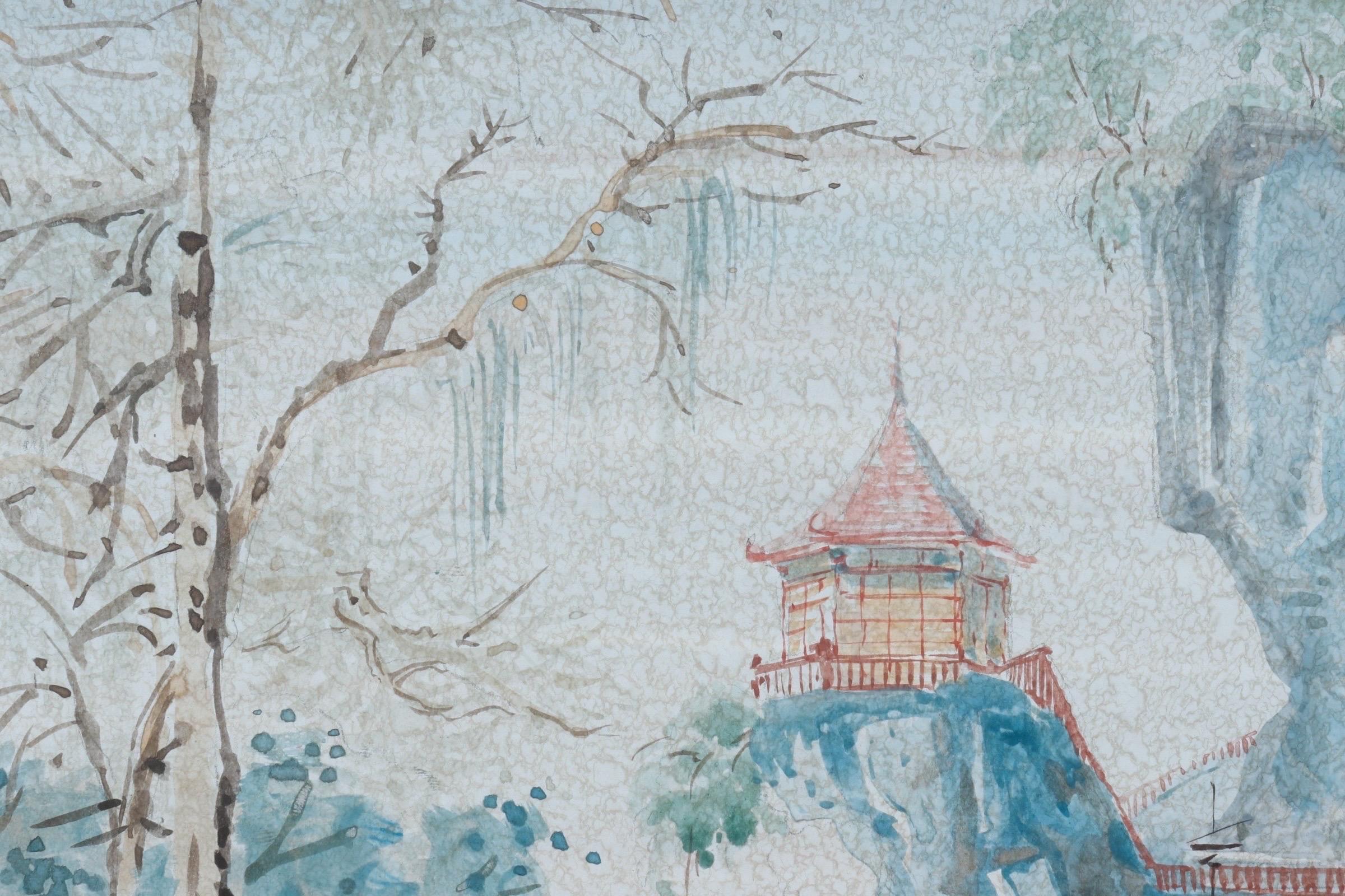Signed Shan Shui Style Watercolor Painting For Sale 1