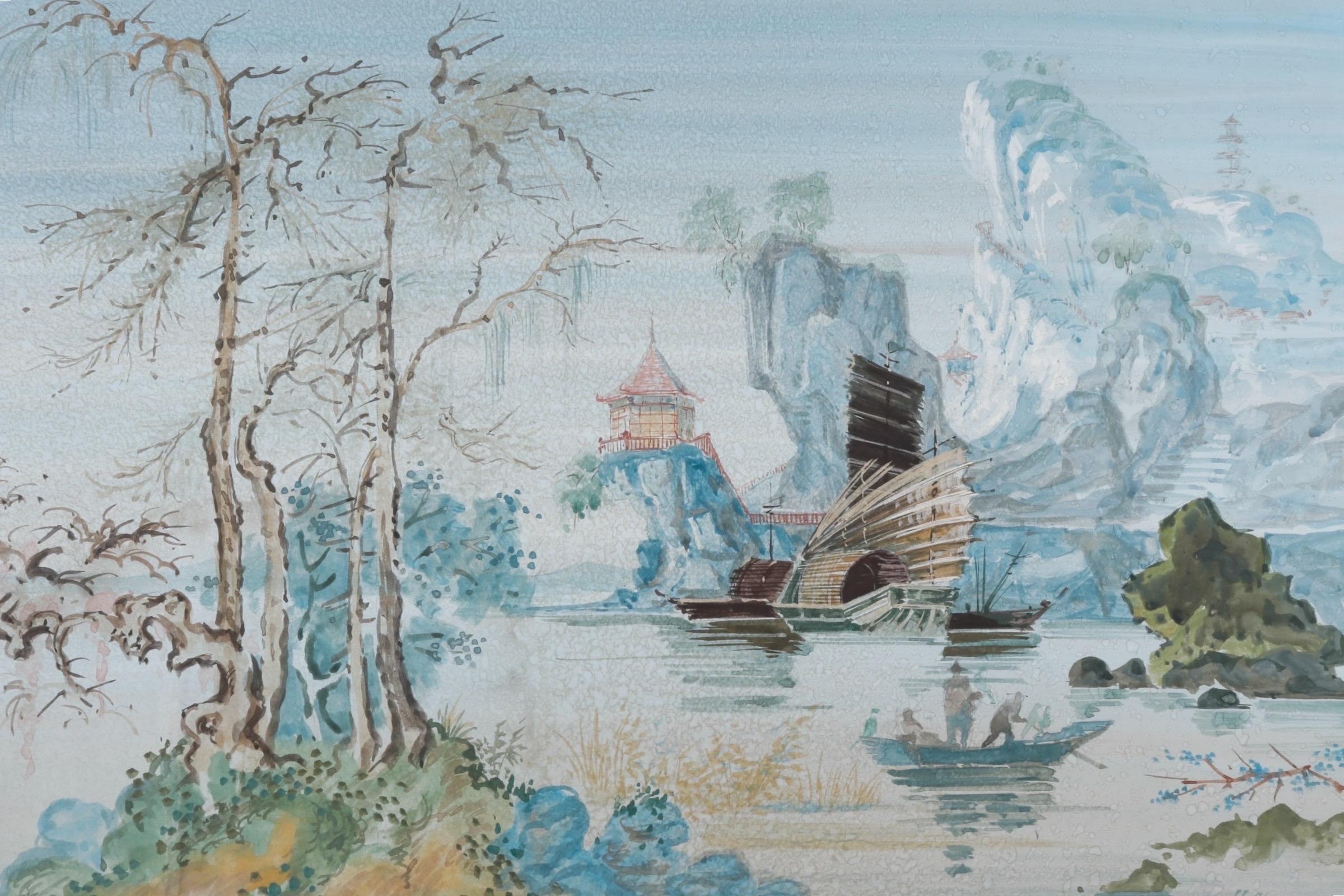 Signed Shan Shui Style Watercolor Painting For Sale 2